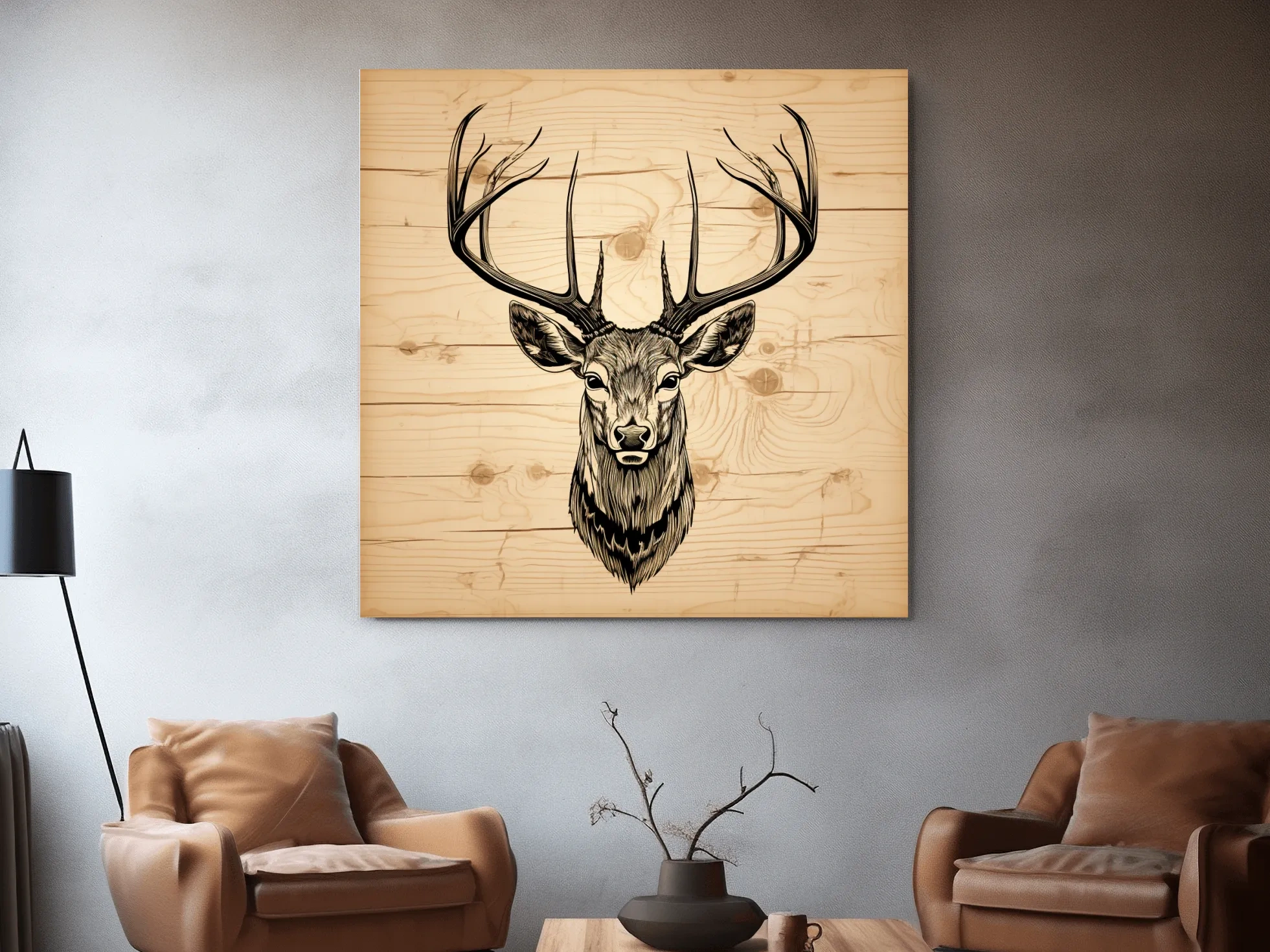 Rustic Engraved Wood Deer Head Illustration - Lodge Wildlife Wall Art