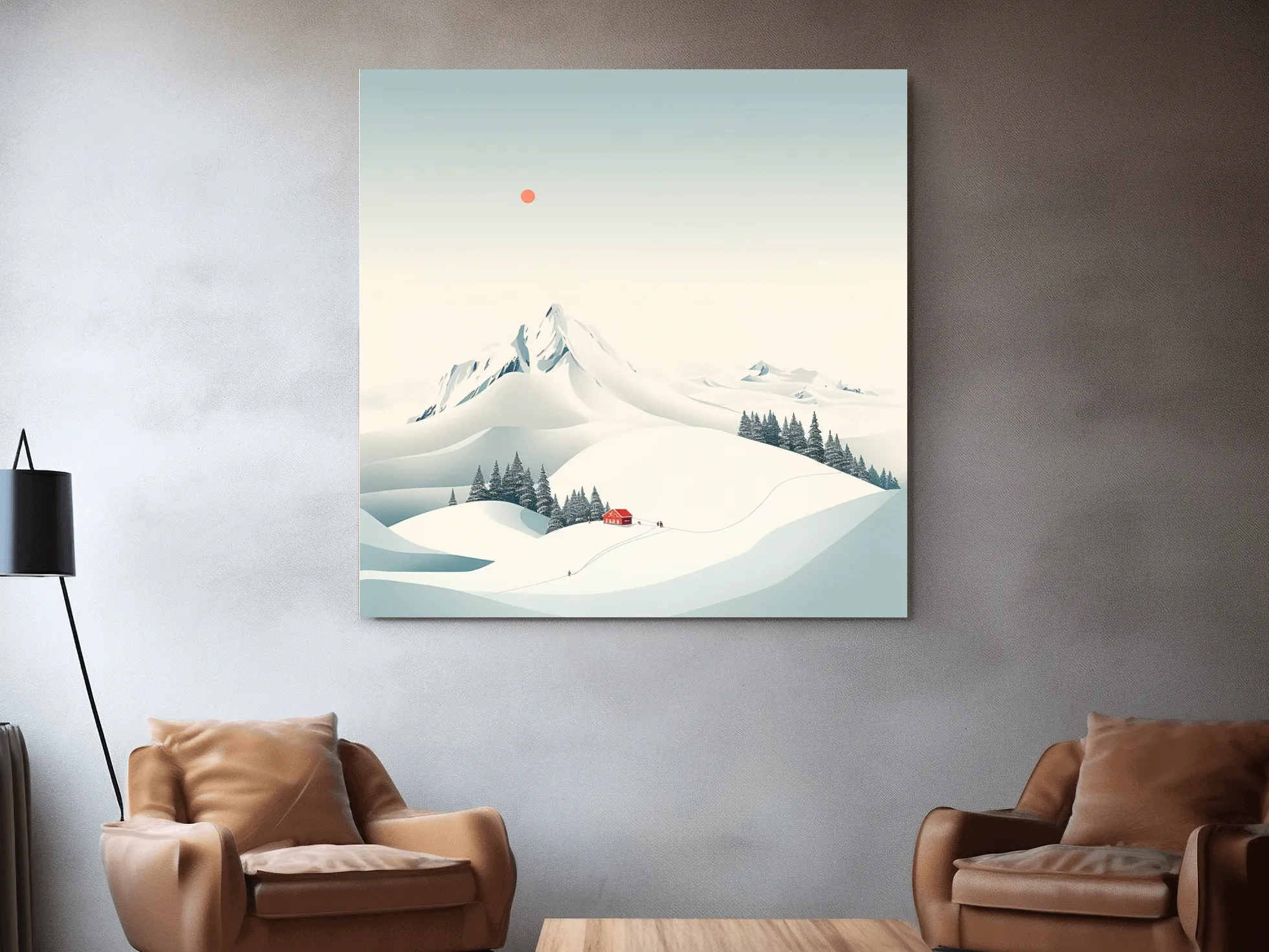 Minimalist Snowy Mountain Cabin Landscape - Winter Wall Art