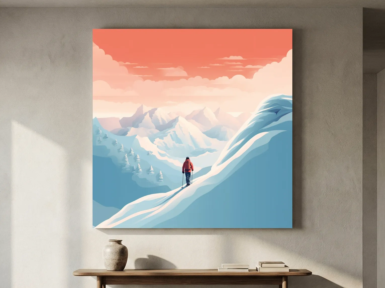 Minimalist Backcountry Skier Illustration - Pastel Alpine Landscape Wall Art