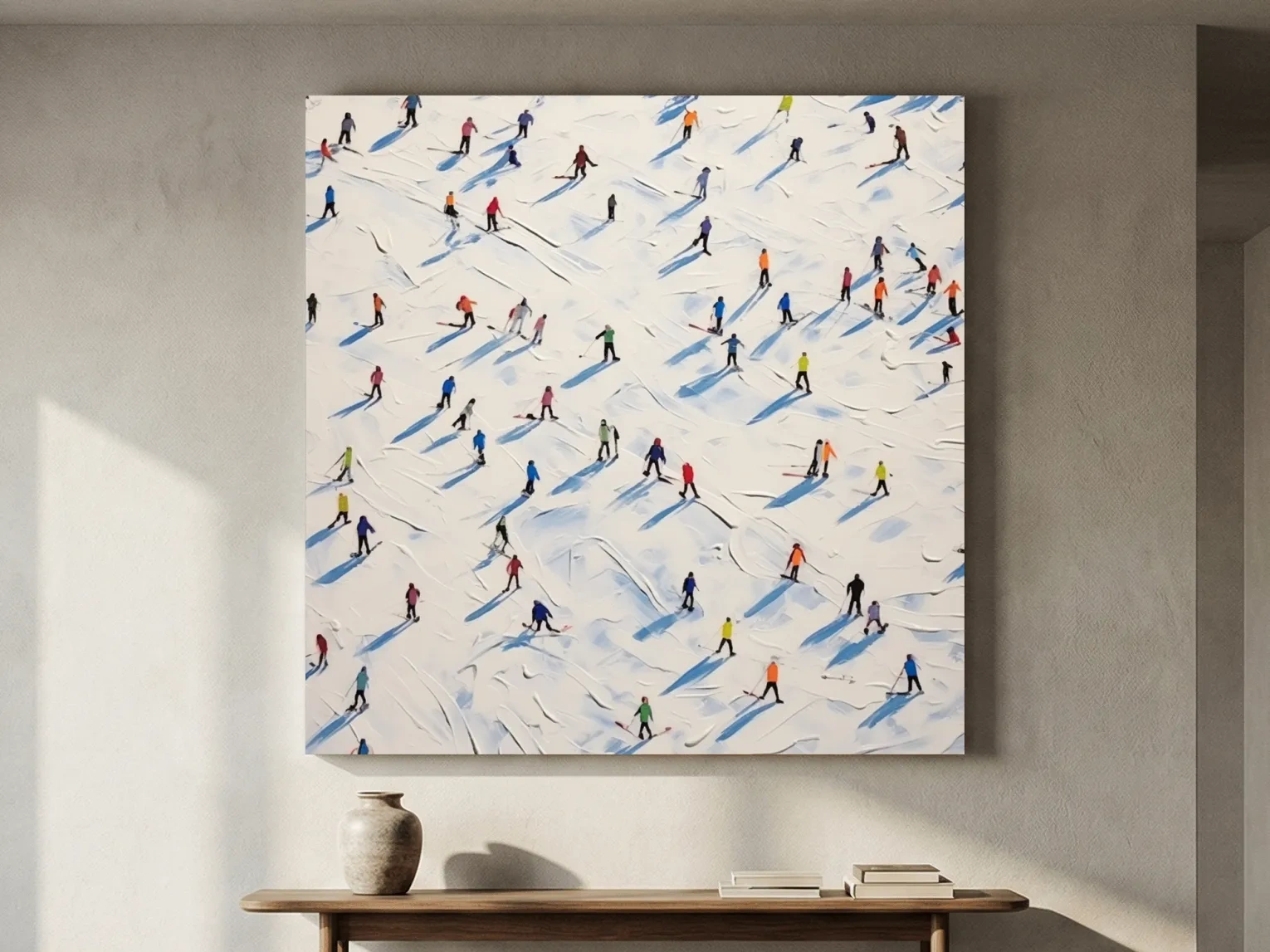 Tiny Skiers On Snowy Slopes - Modern Winter Sports Painting Wall Art