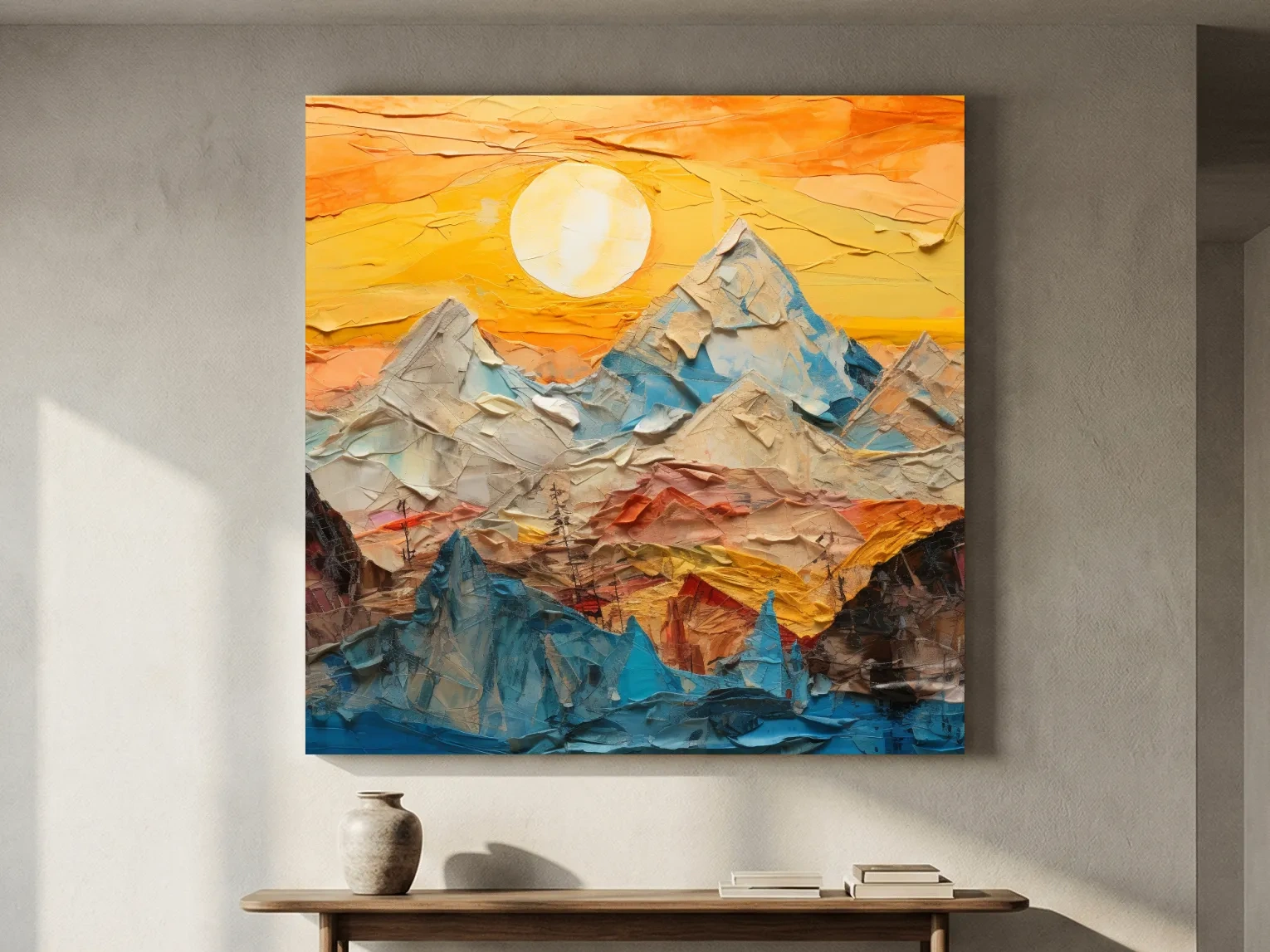 Collage Mountain Sunrise Painting - Warm Abstract Landscape Wall Art
