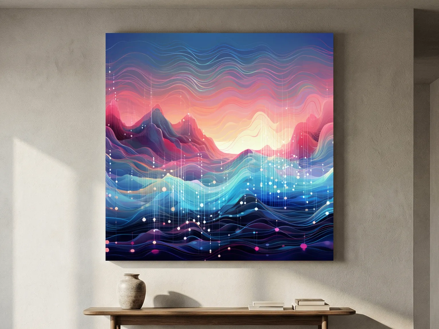 Funky Abstract Soundwave Mountain Patterns - Neon Sunset Landscape Wall Art