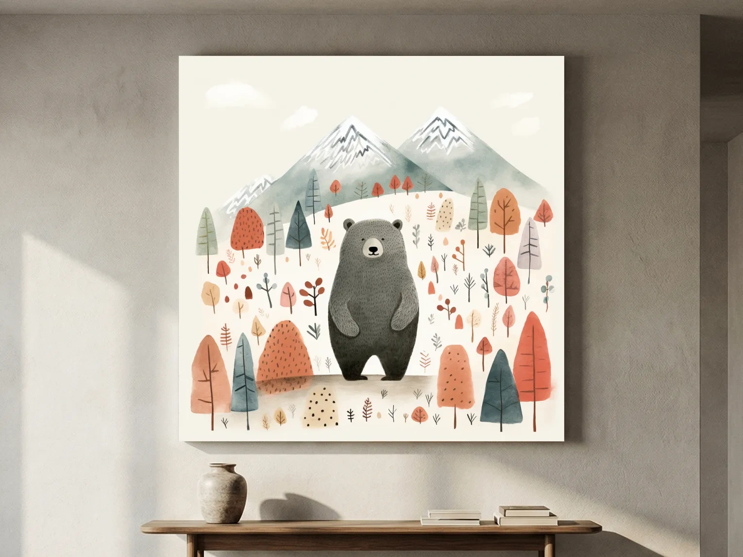 Cute Bear In Autumn Mountains - Scandinavian Nursery Woodland Animal Wall Art