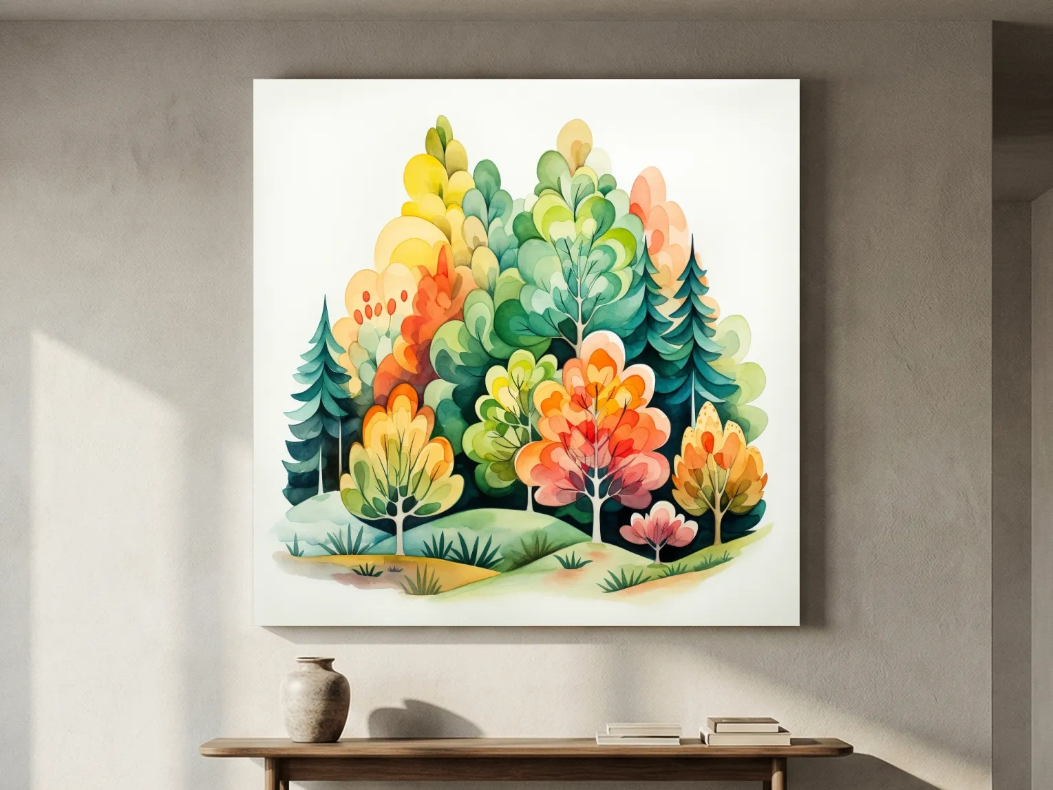 Whimsical Watercolor Forest Trees Illustration - Colorful Botanical Wall Art