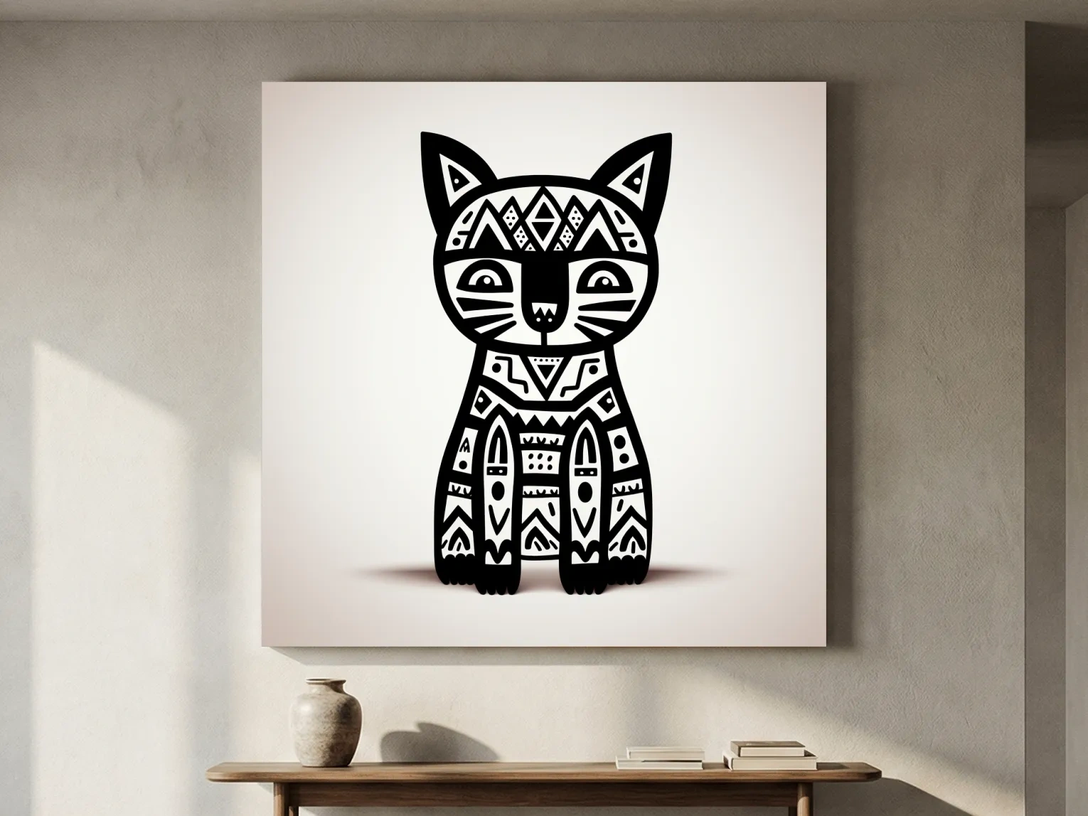 Tribal Geometric Cat Illustration - Black And White Quirky Animal Wall Art
