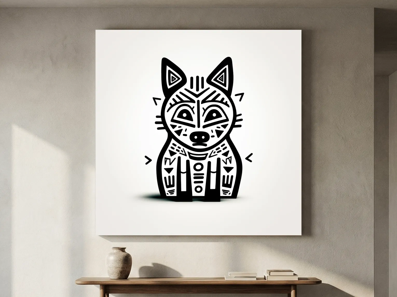 Minimalist Tribal Fox Line Art - Quirky Black And White Animal Wall Art