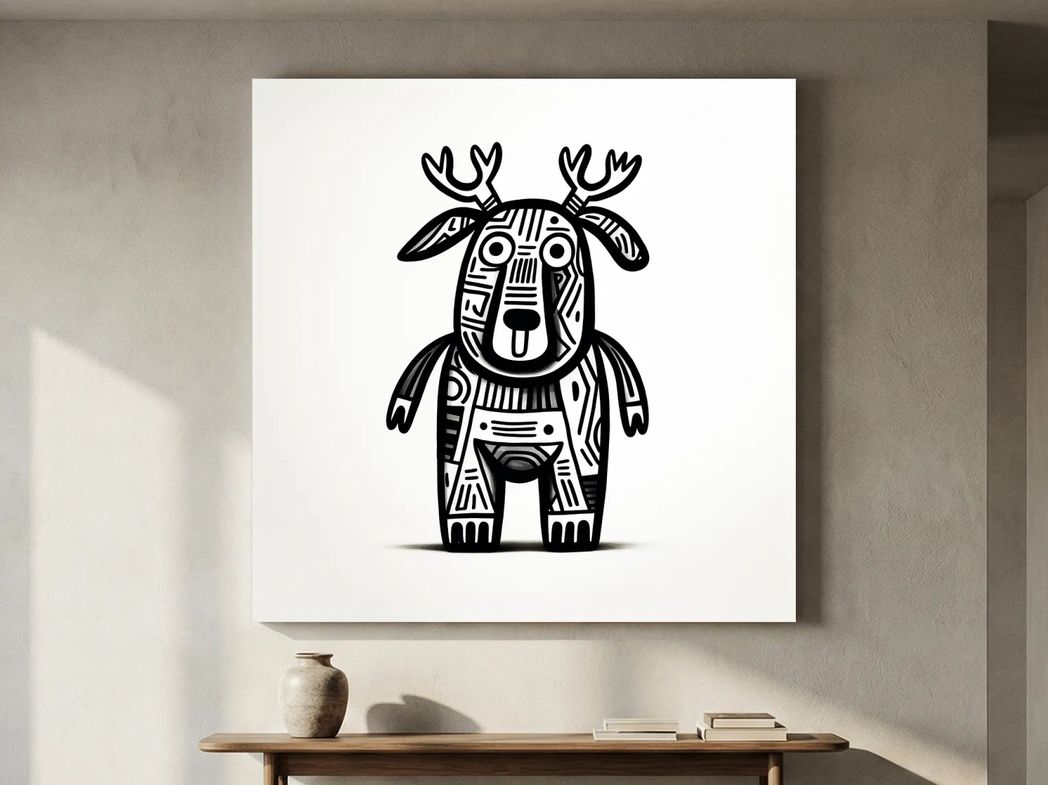 Whimsical Tribal Deer Illustration - Quirky Black And White Animal Wall Art