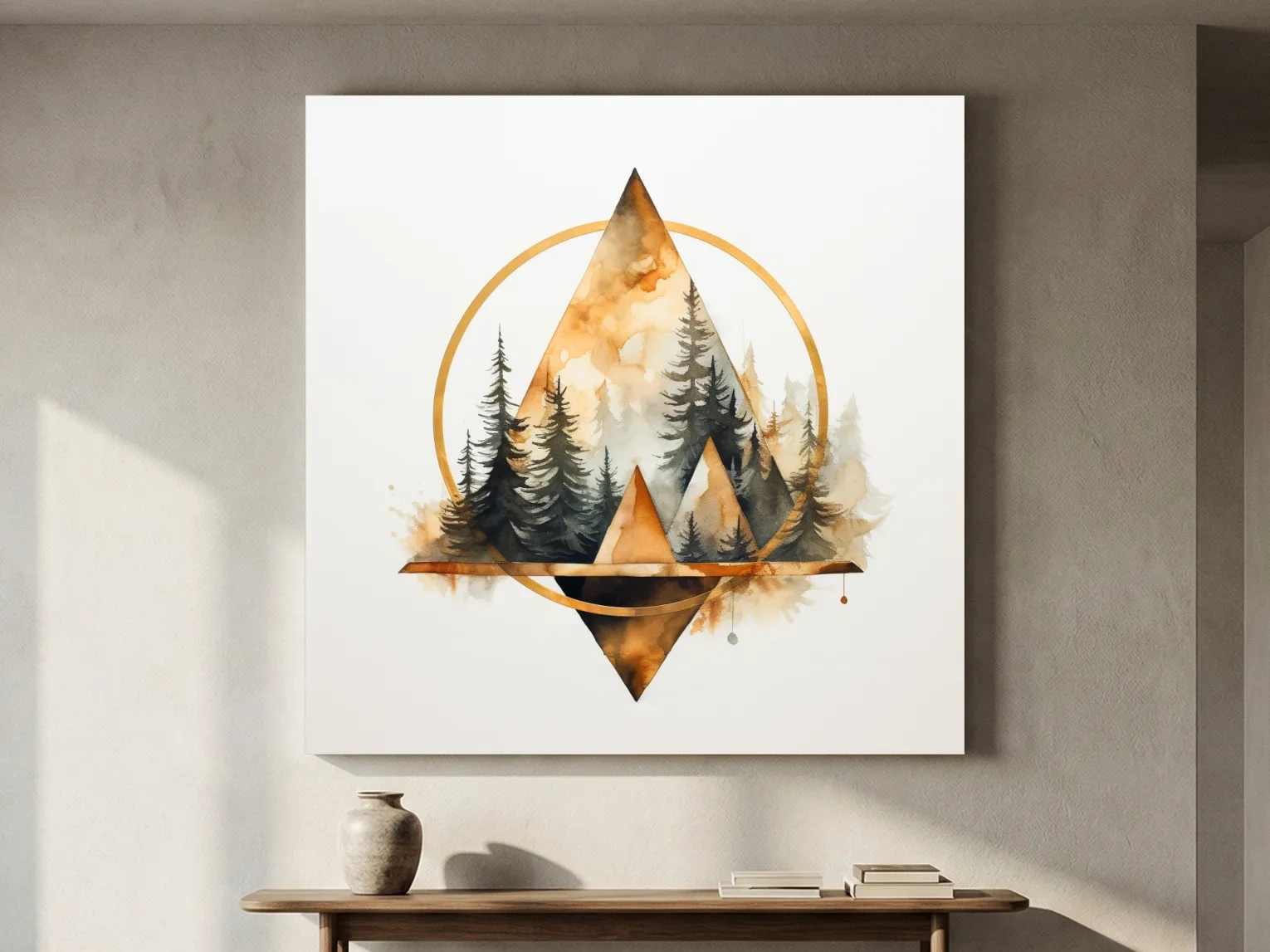 Geometric Watercolor Mountain & Pine Forest - Modern Rustic Nature Wall Art