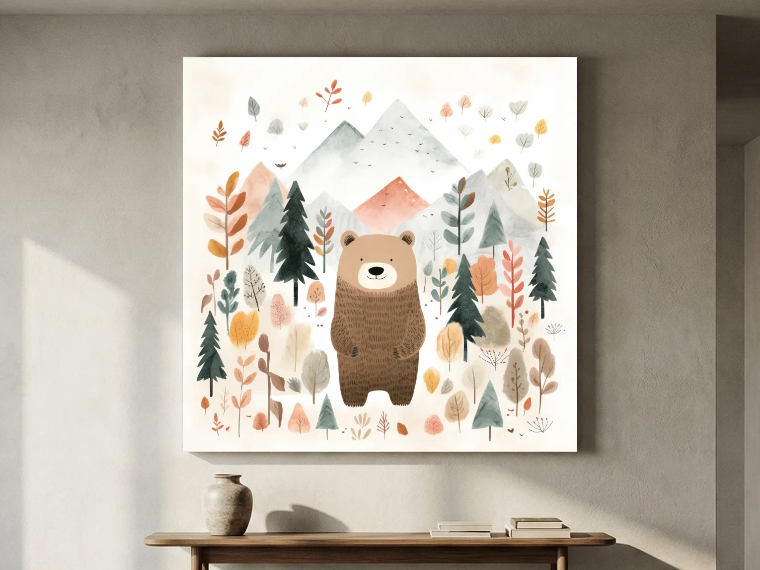 Cute Watercolor Bear Bear In Forest - Whimsical Mountain Nursery Wall Art