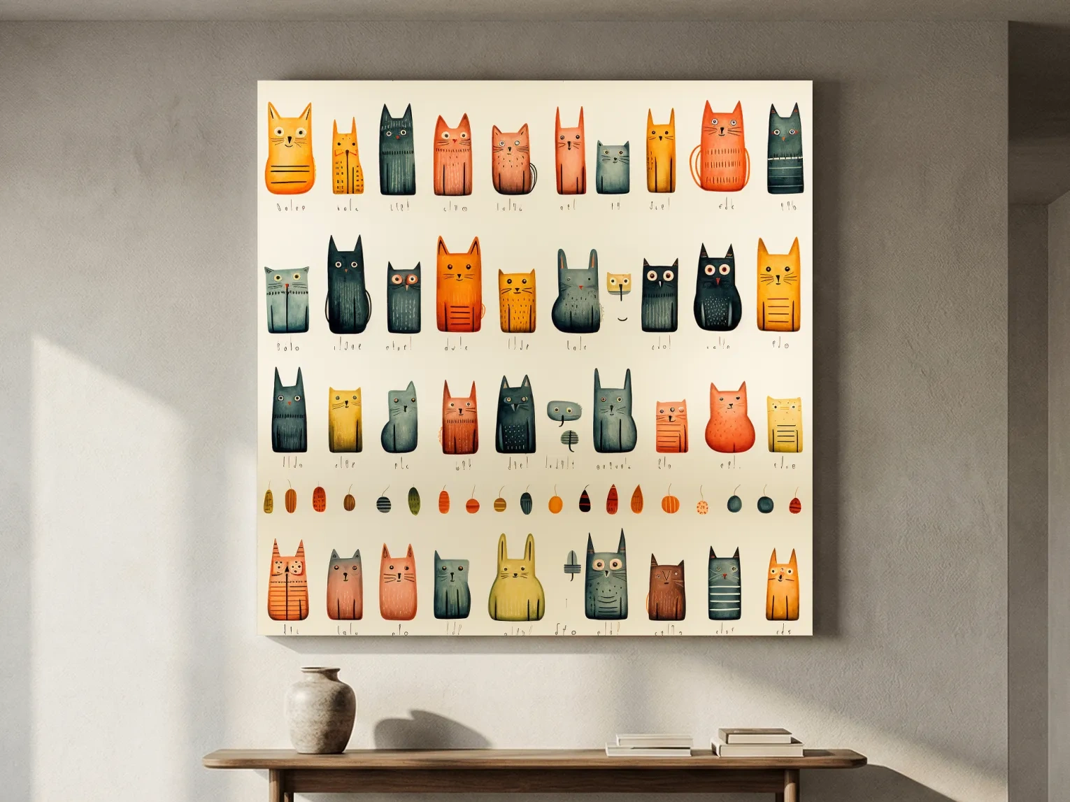 Whimsical Mid Century Cat Pattern Illustration - Colorful Nursery Wall Art
