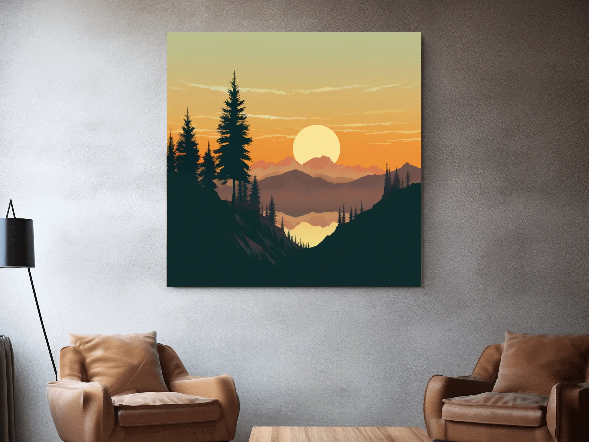 Minimalist Alpine Sunset Lake Landscape - Scandinavian Mountain Forest Wall Art