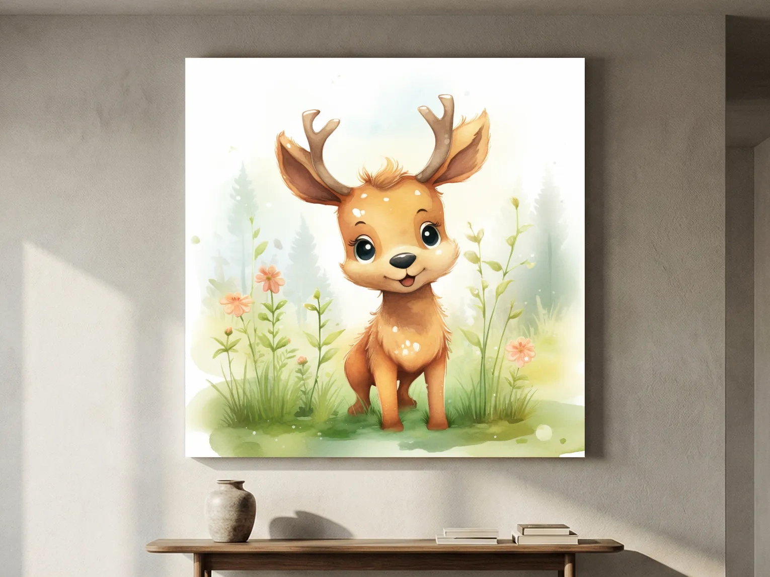 Cute Watercolor Baby Deer Illustration - Woodland Nursery Animal Wall Art