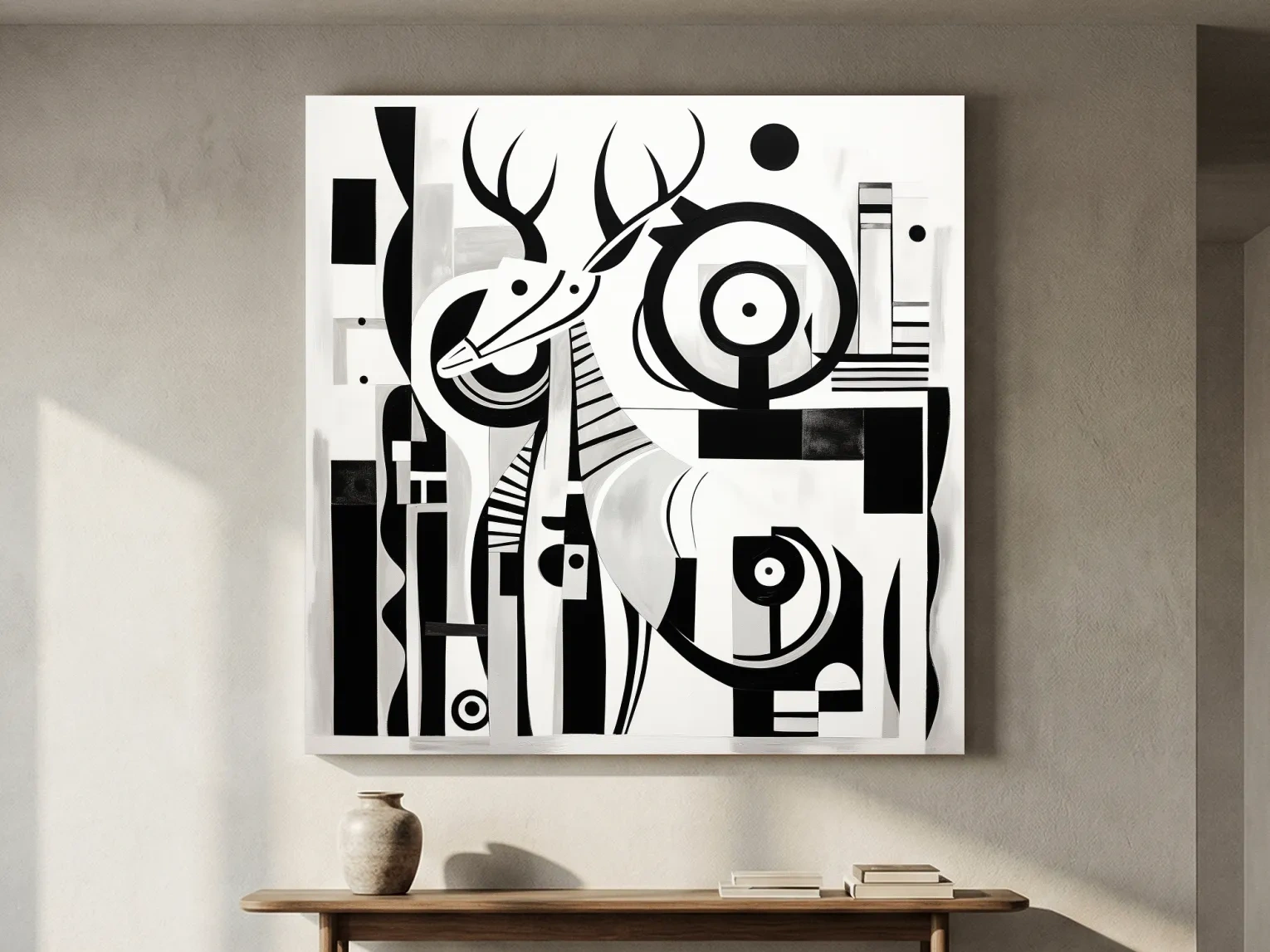 Abstract Geometric Deer Artwork - Mid-Century Black And White Animal Wall Art
