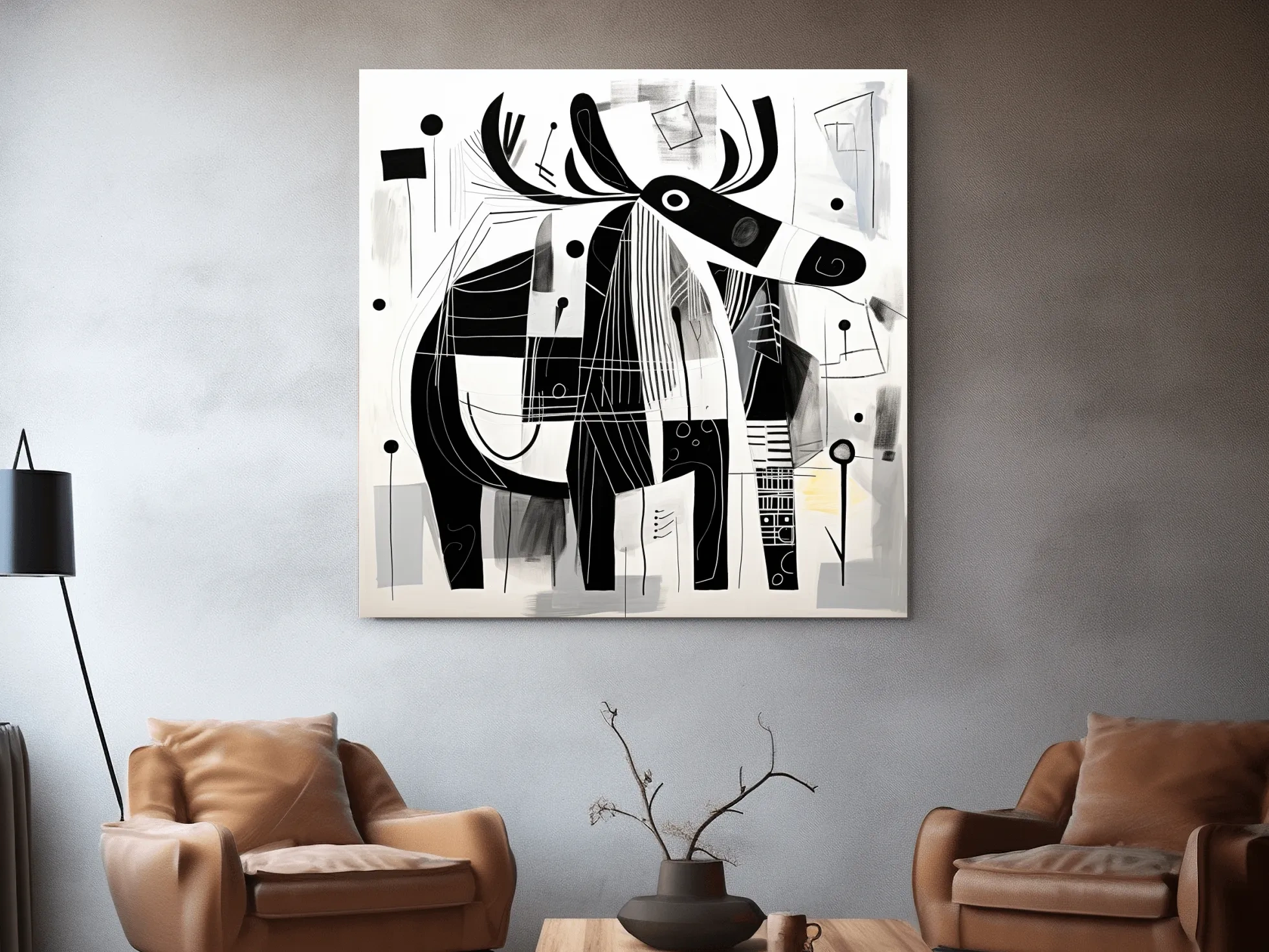 Abstract mid-century style painting of a moose