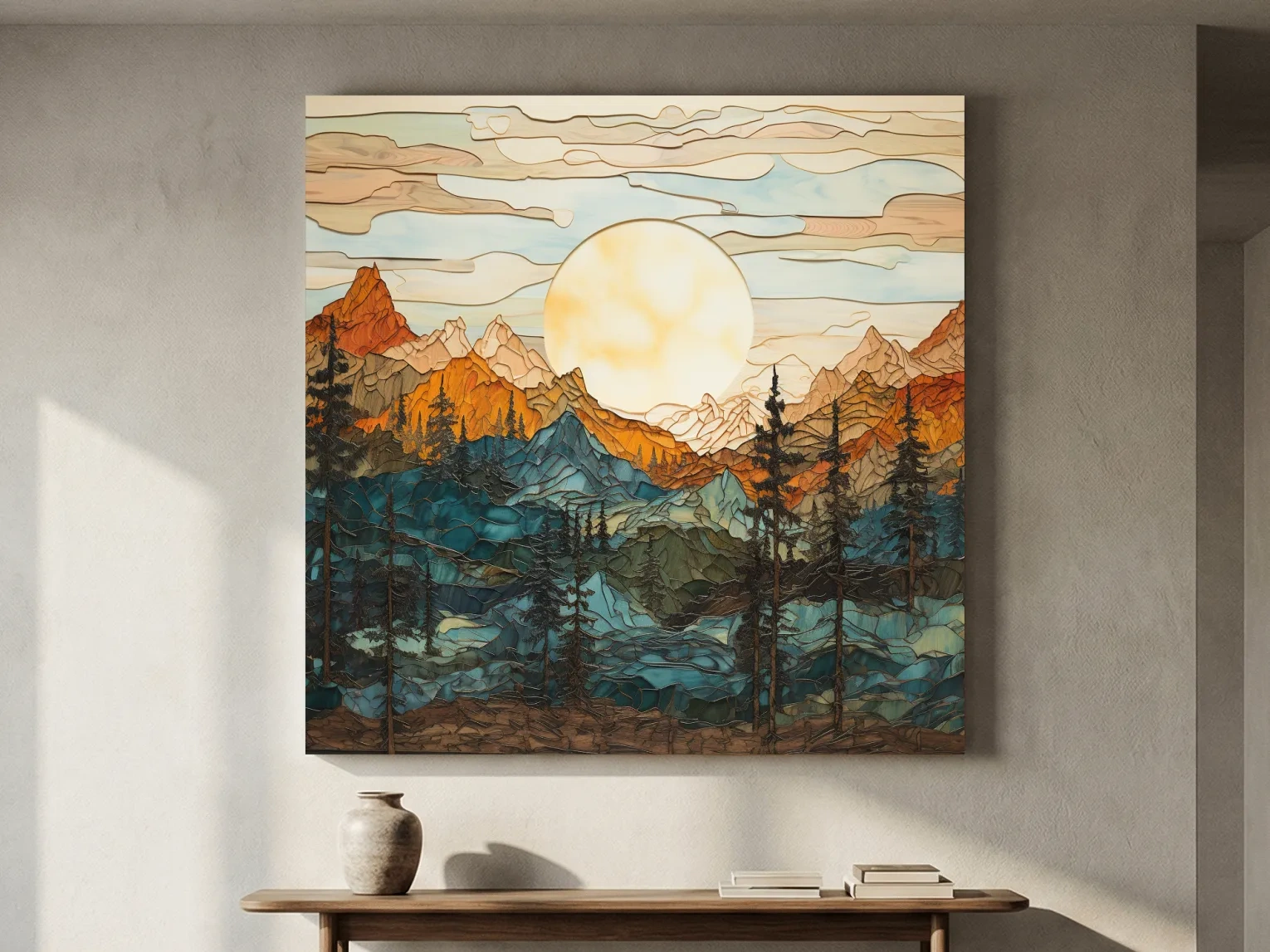 Stained Glass Mountain Sunset Landscape - Colorful Mosaic Forest Wall Art