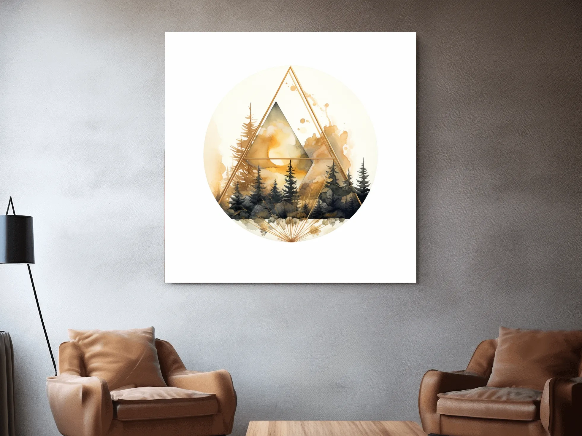 Elegent Geometric Watercolor Mountain Forest - Modern Rustic Landscape Wall Art
