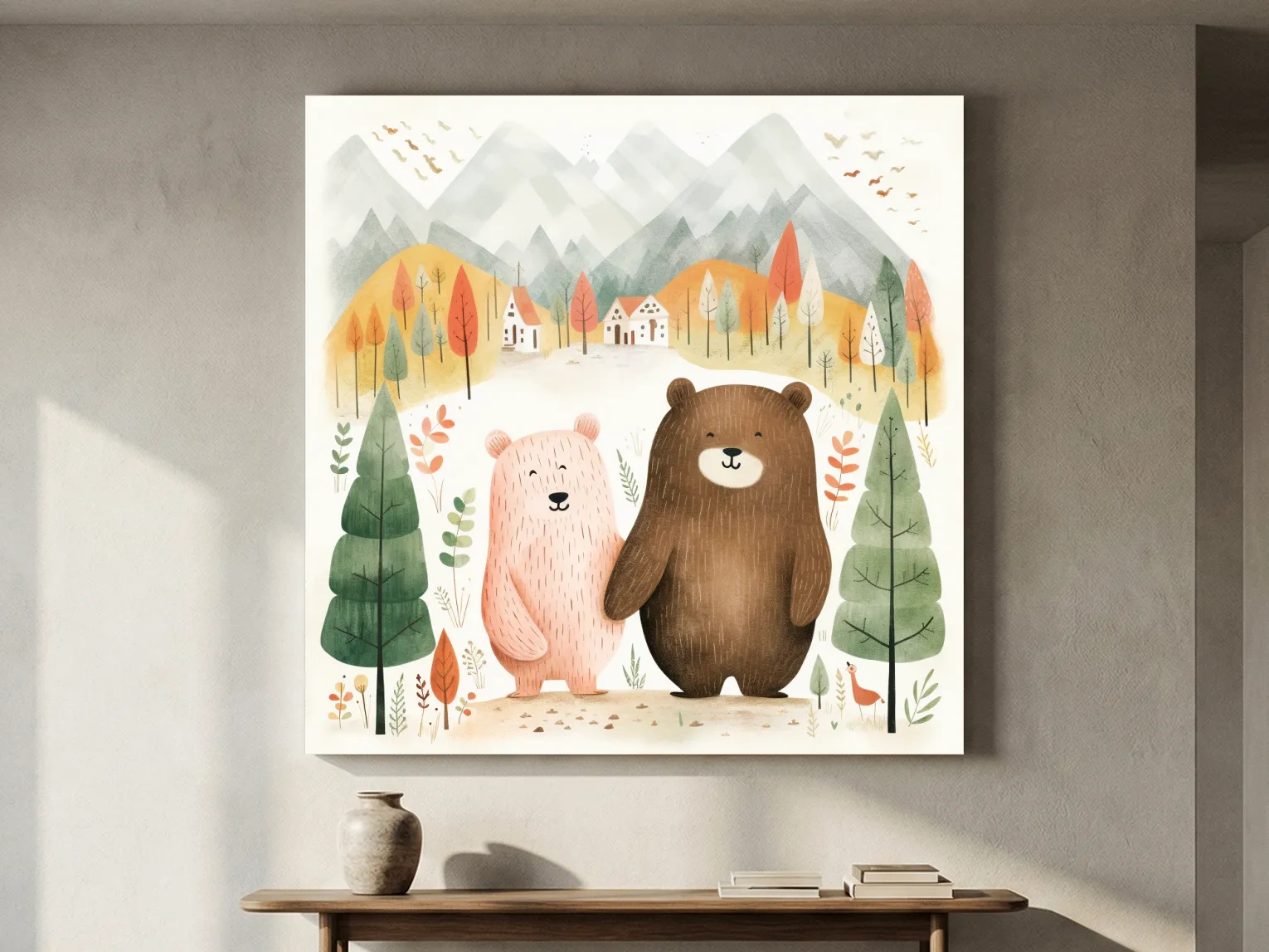 Cute Bear Couple Watercolor Illustration - Whimsical Mountain Forest Nursery Wall Art
