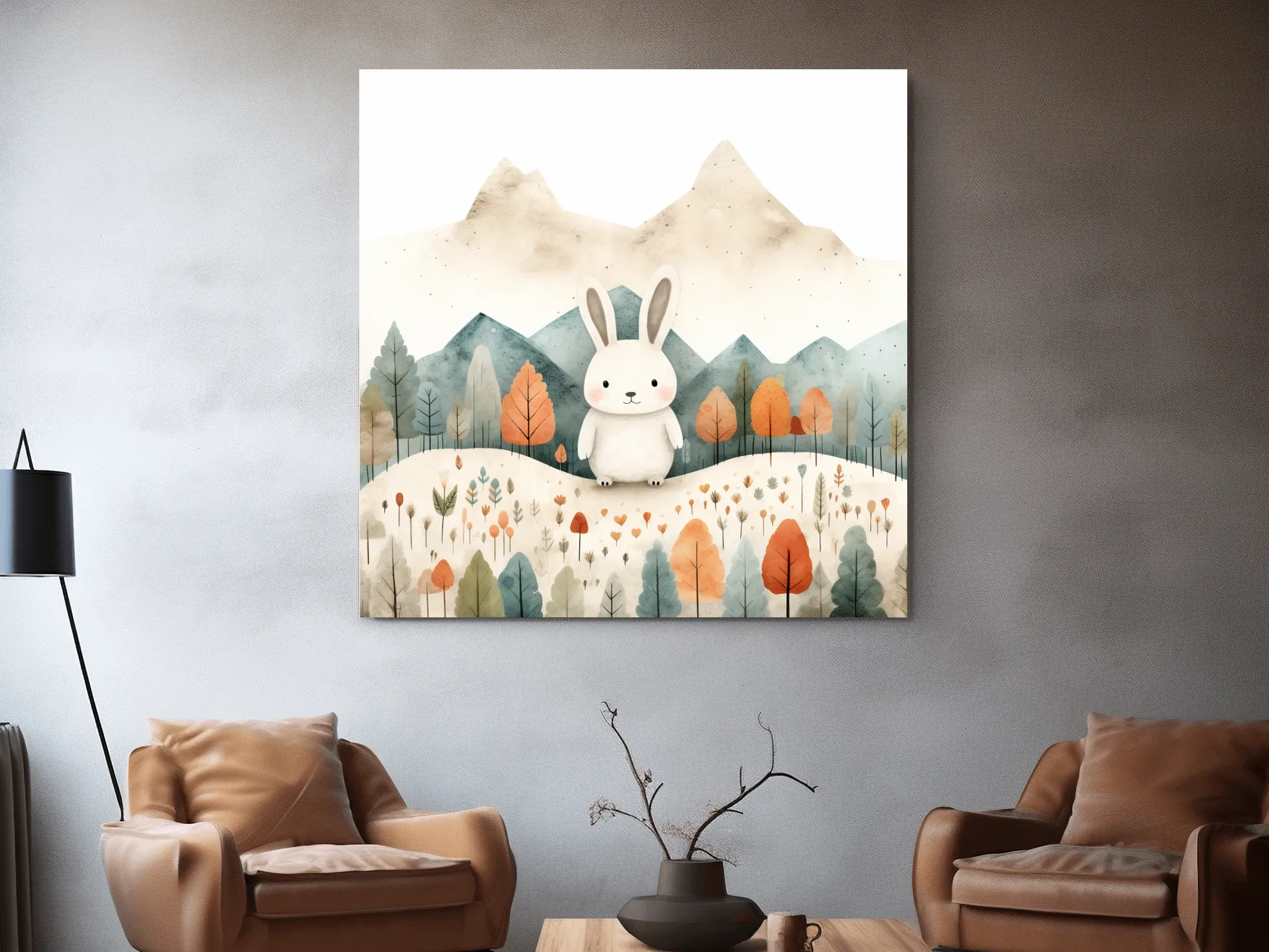 Cute Watercolor Bunny In Mountain Forest - Whimsical Nursery Woodland Wall Art
