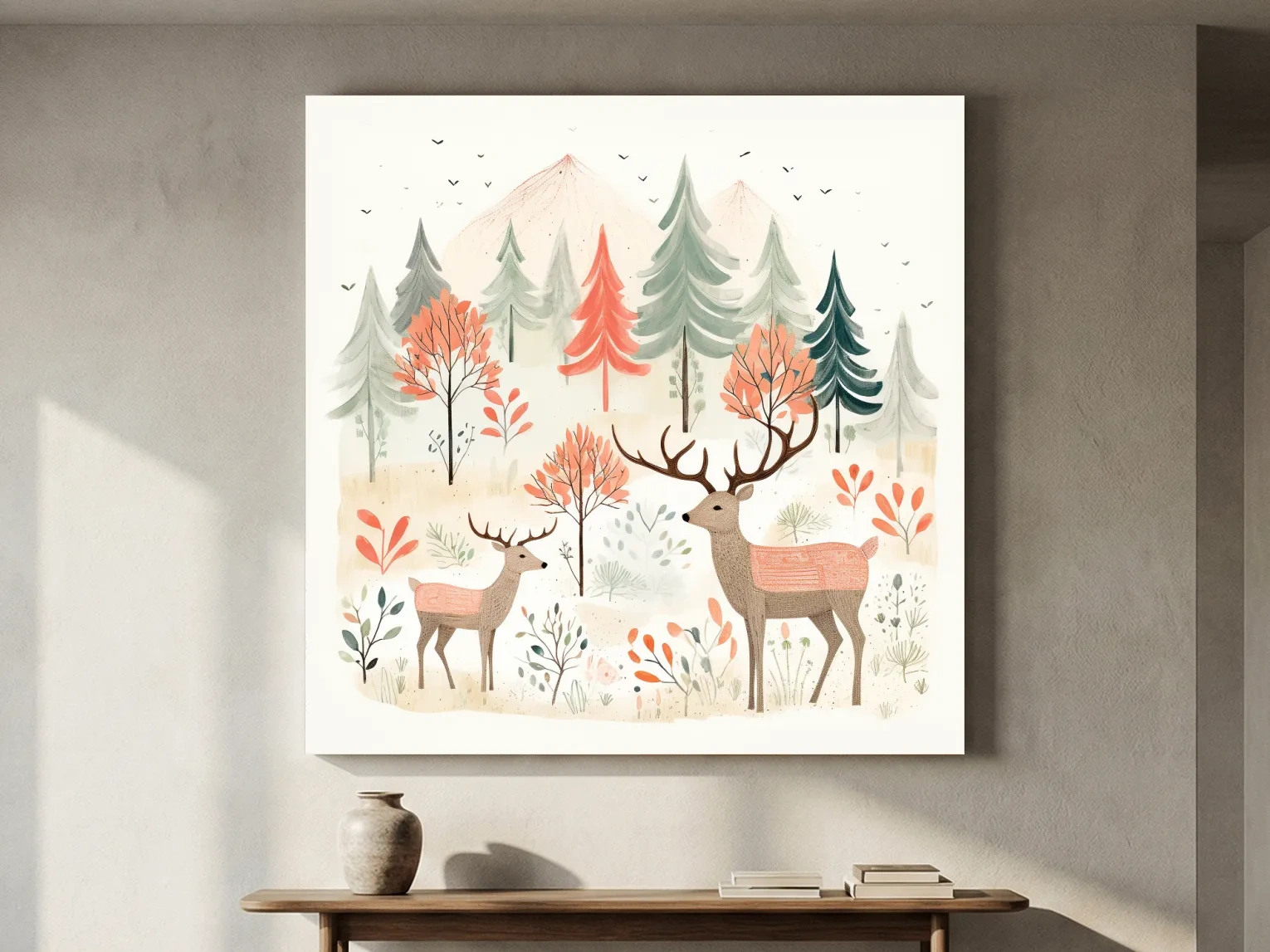 Whimsical Watercolor Deer Forest Storybook Scene - Scandinavian Woodland Nursery Wall Art