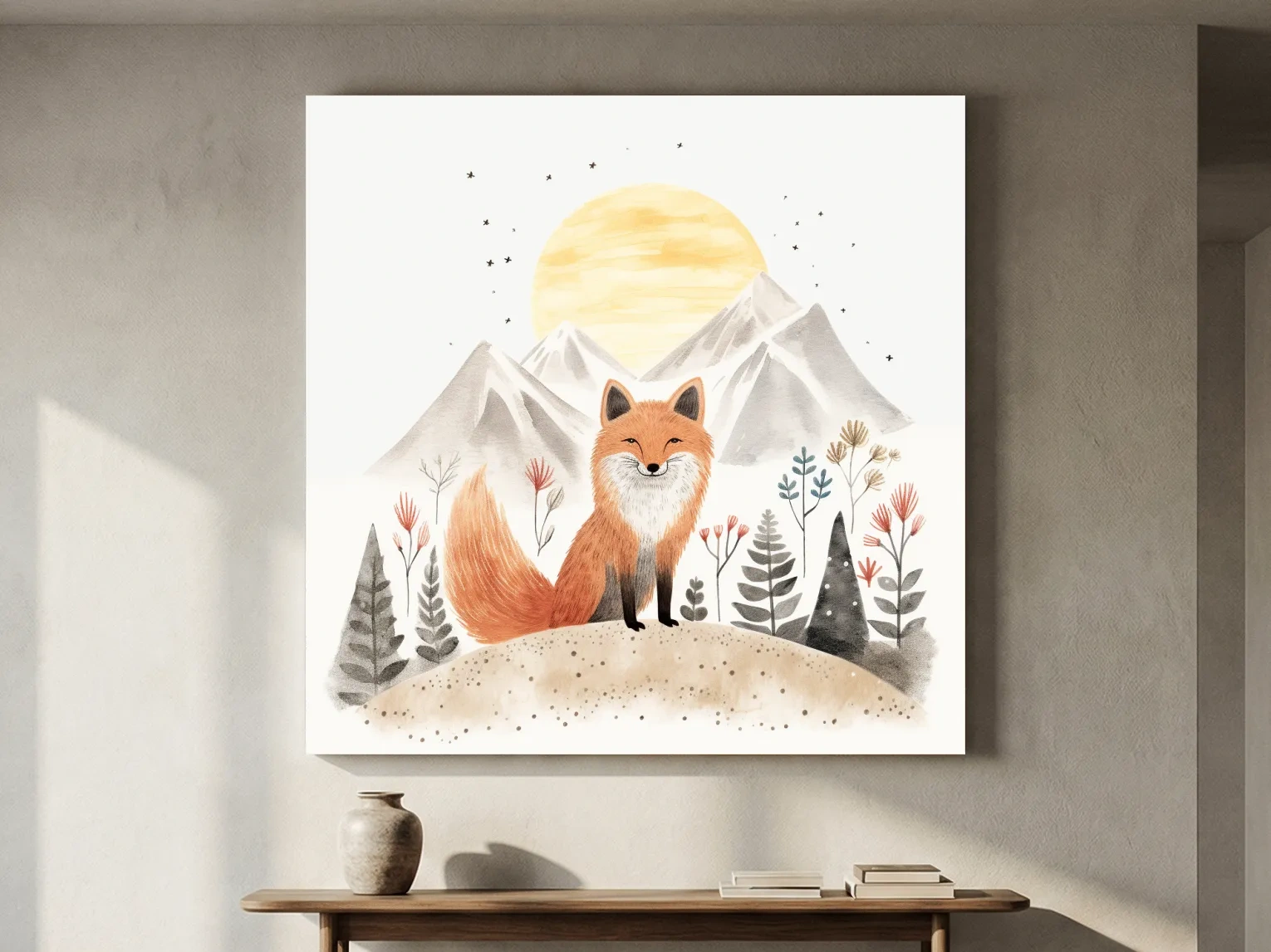 Whimsical Watercolor Fox Mountain Sunrise - Nursery Woodland Animal Wall Art