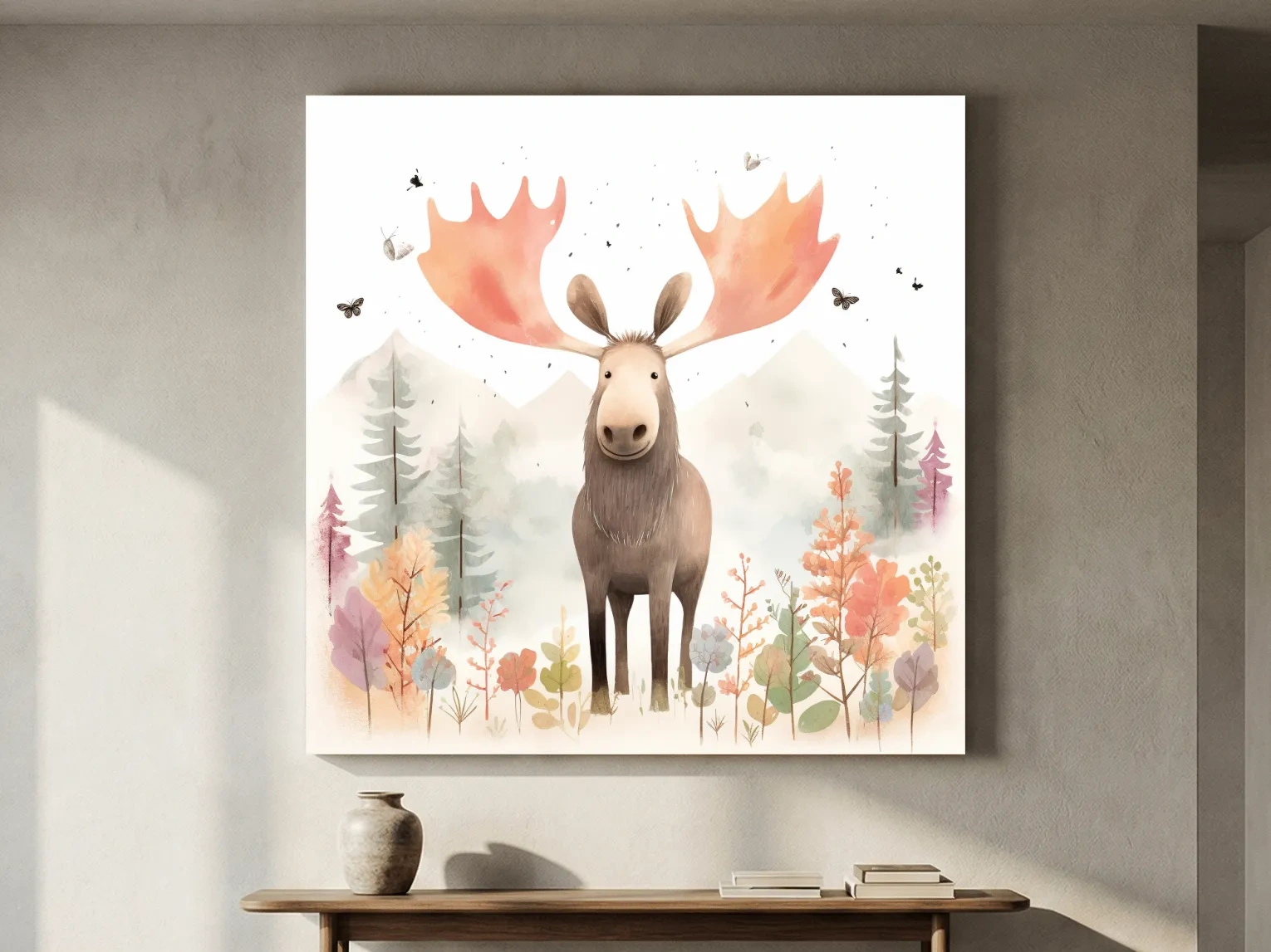 Whimsical Watercolor Moose In Pastel Forest - Storybook Nursery Animal Wall Art