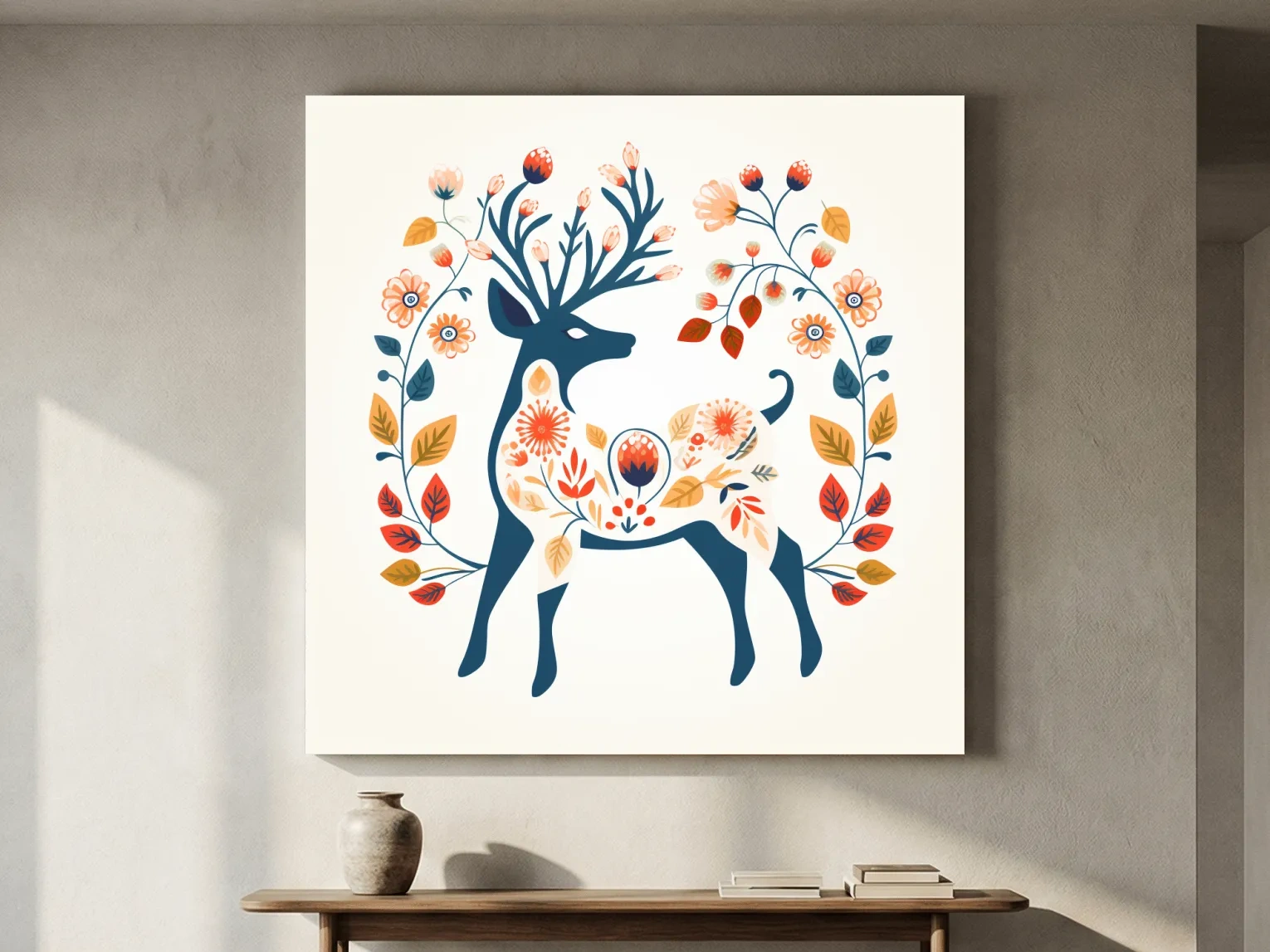 Folk Art Floral Deer Silhouette - Scandinavian Woodland Wall Art