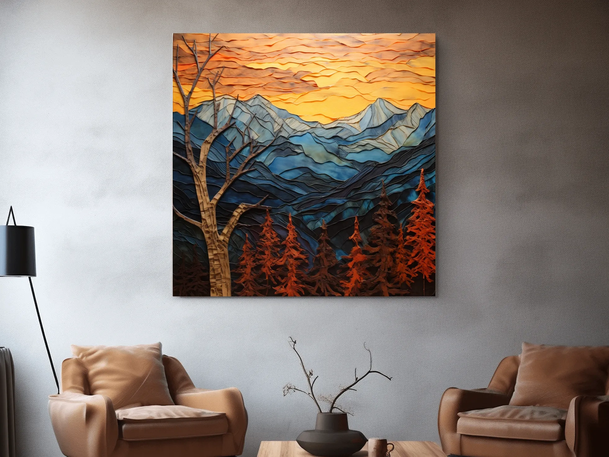 Layered Paper Cut Alpine Mountain Sunset - Mixed Media 3D Landscape Wall Art