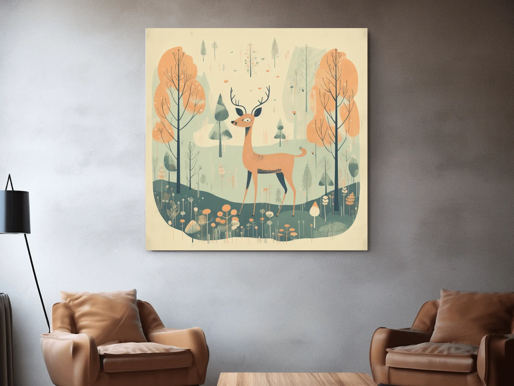Whimsical Deer in Pastel Forest Illustration - Folk Art Woodland Nursery Wall Art