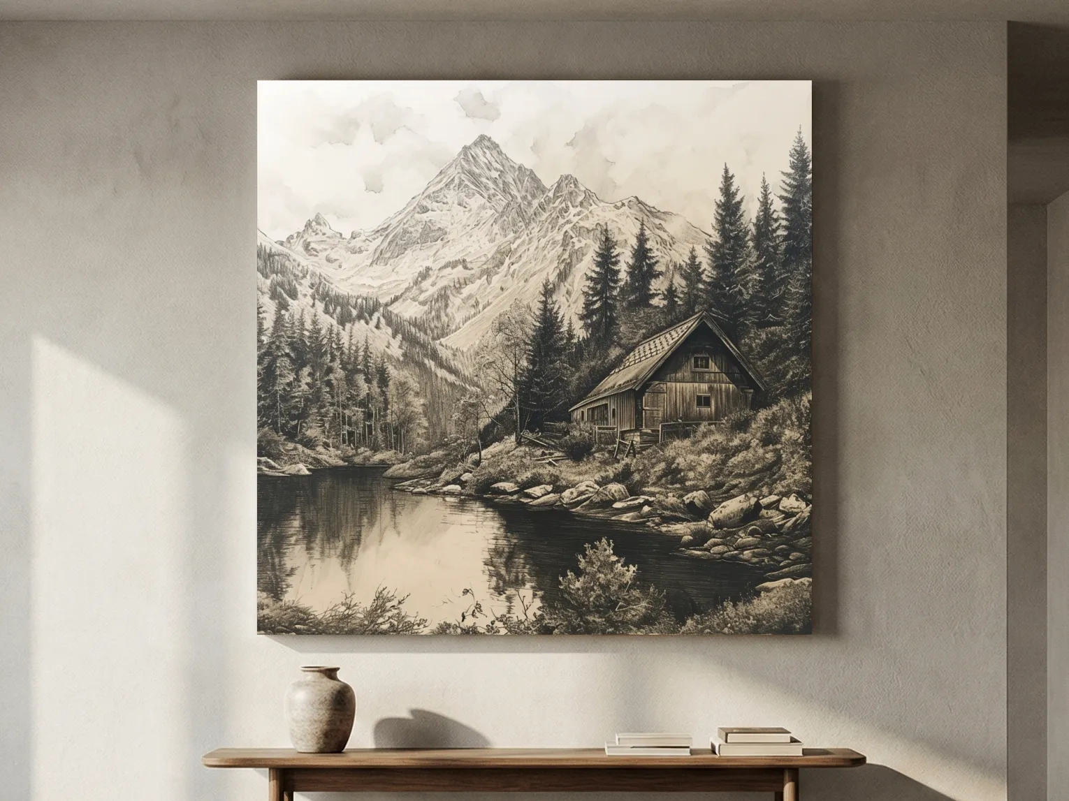 Vintage Sepia Mountain Cabin Lake Scene - Rustic Alpine Forest Landscape Art