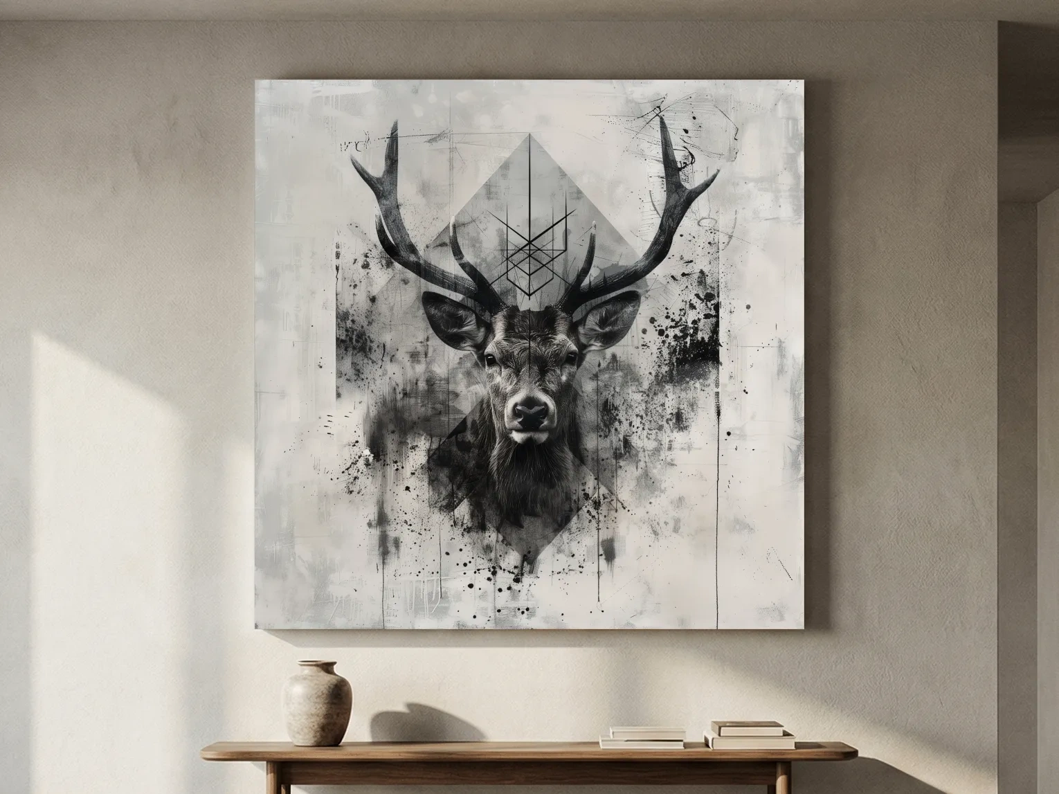 Tribal Monochrome Deer Stag Portrait - Tattoo Style Wildlife Wall Art