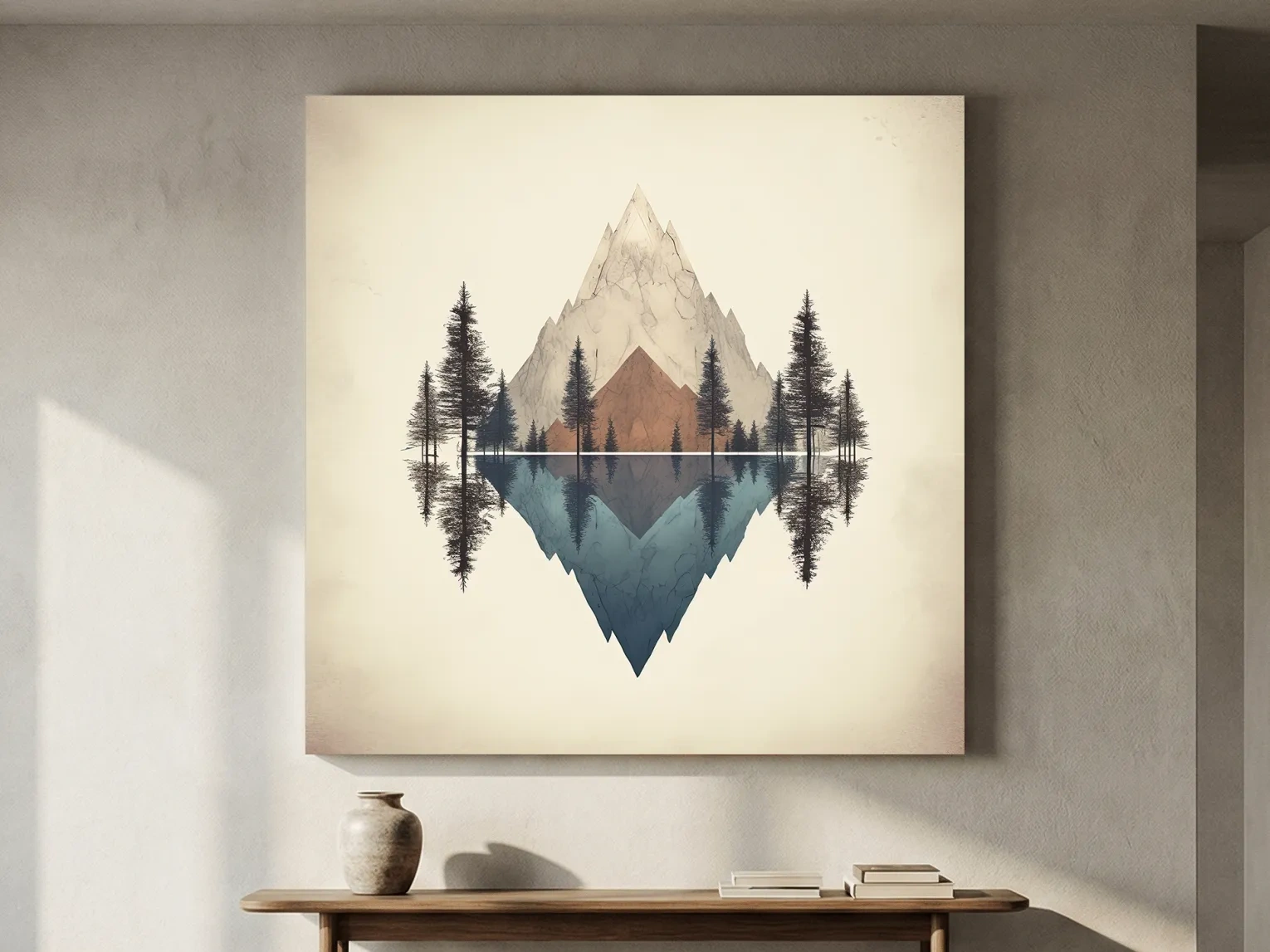 Minimalist Geometric Mountain Lake Reflection - Pine Forest Landscape Wall Art