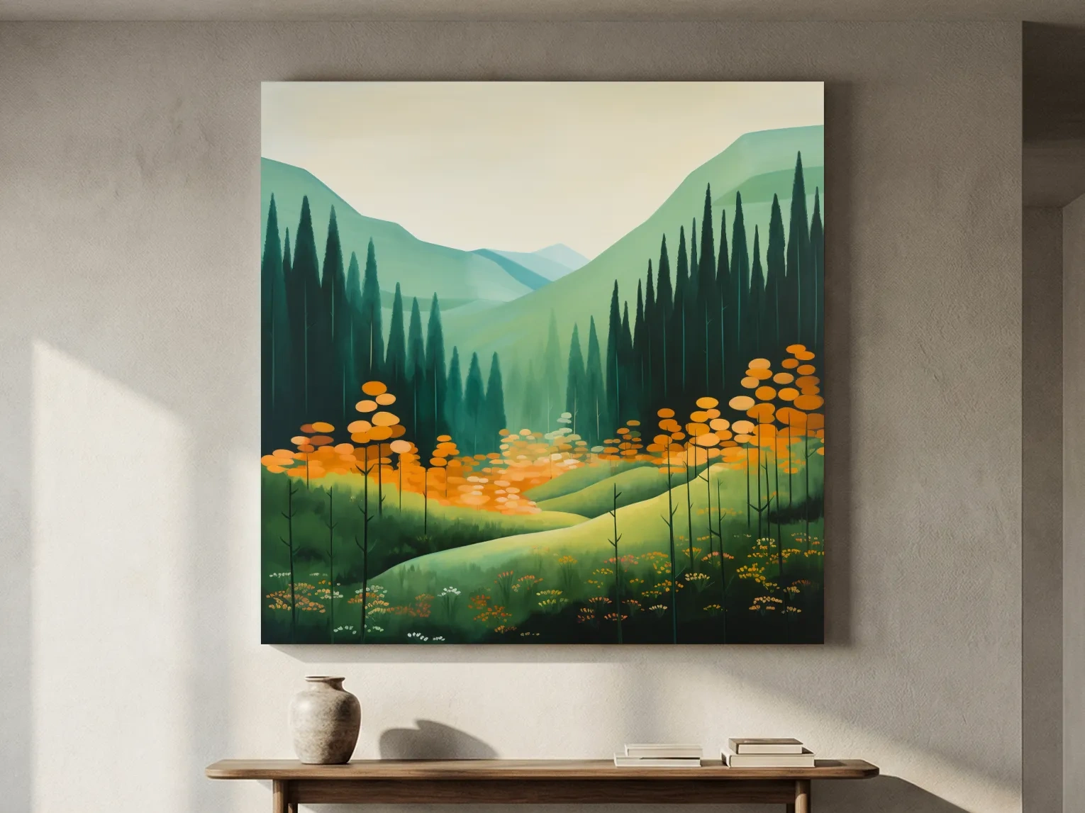 Serene Alpine Valley Pine Forest - Autumn Mountain Landscape Wall Art