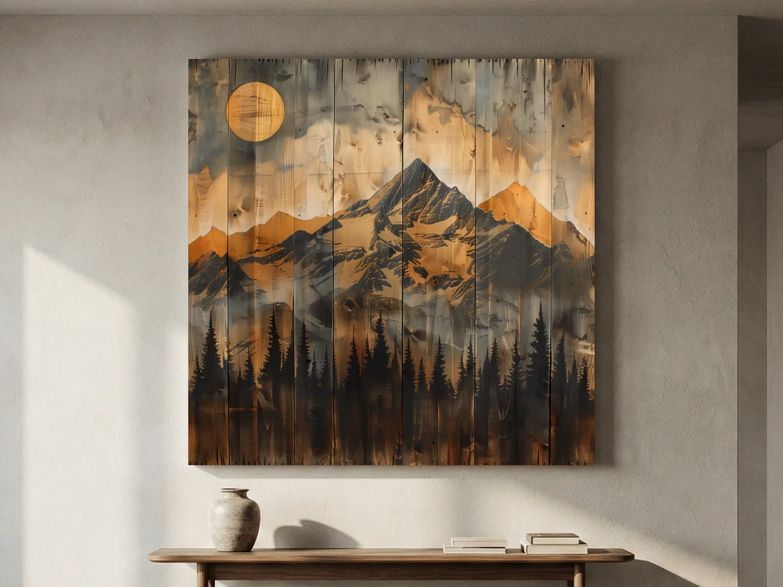 Rustic Woodgrain Mountain Sunset Artwork - Vintage Pine Forest Wall Art