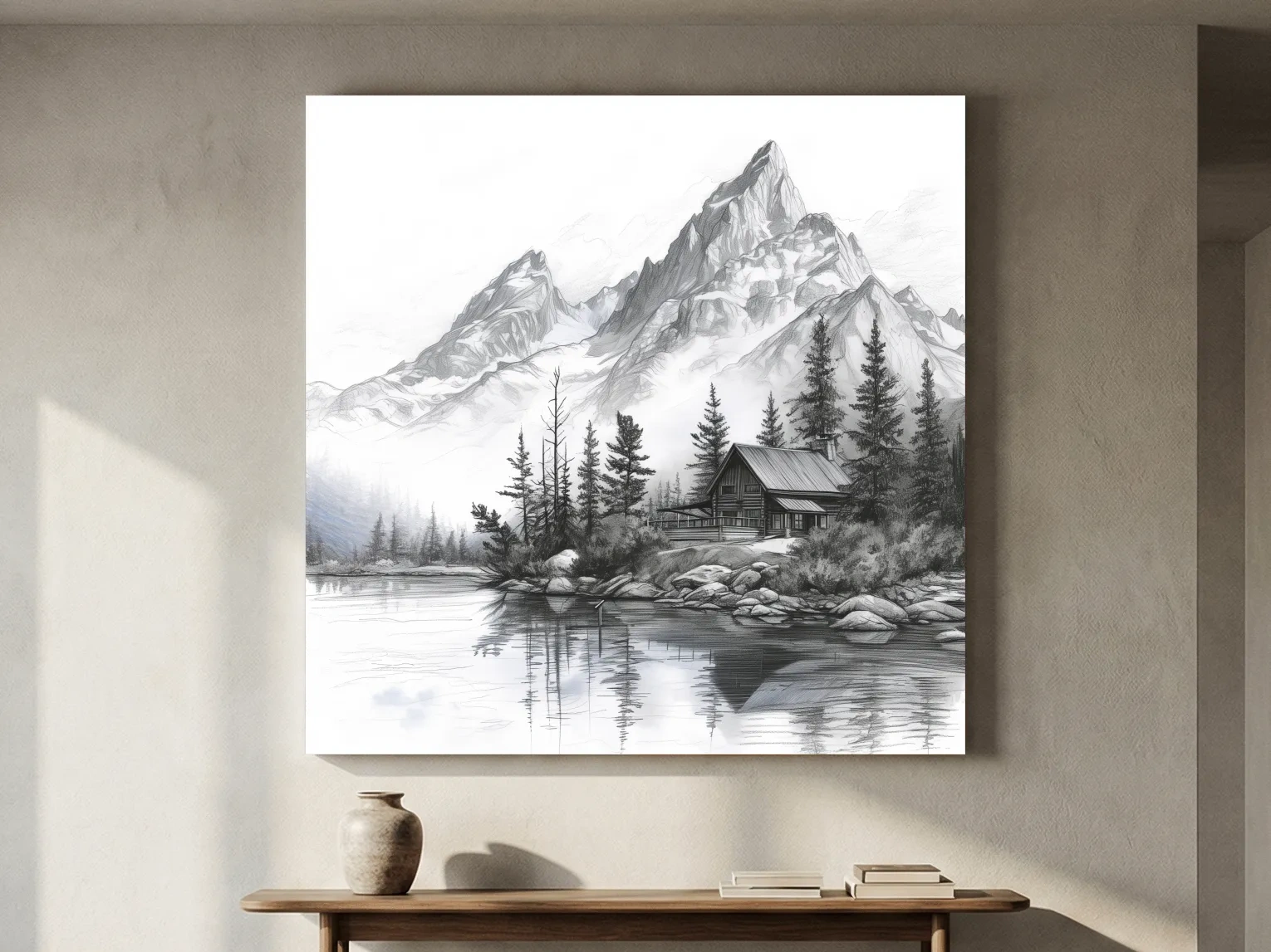 Monochrome Mountain Lake Cabin Sketch - Rustic Alpine Glacier Wall Art