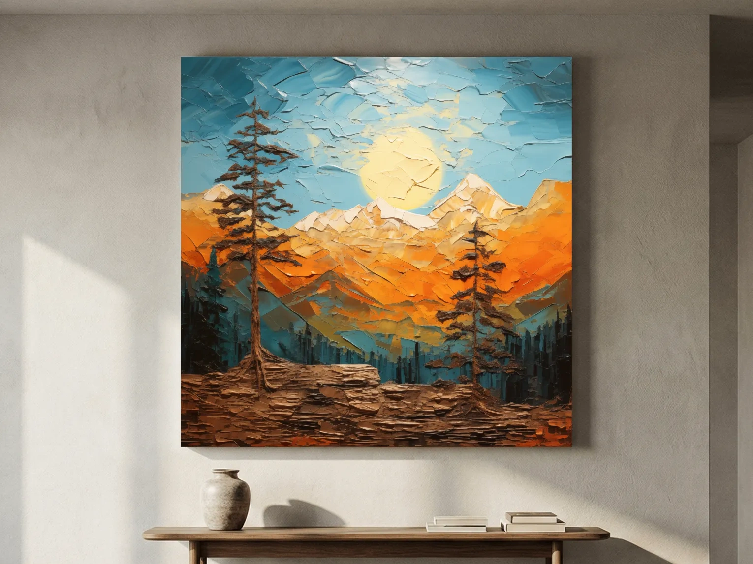 Impasto Style Mountain Sunrise Landscape - Bold Alpine Wall Art