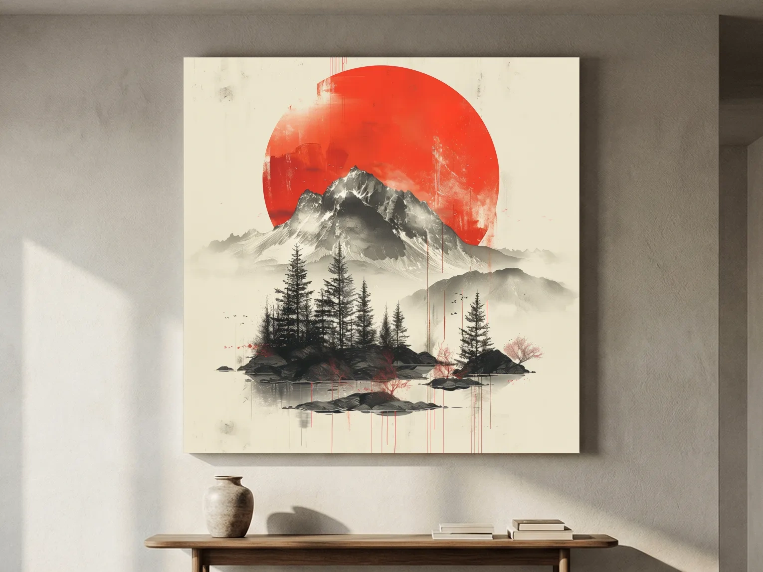 Japandi style minimalist artwork, sunset over a mountain glacier