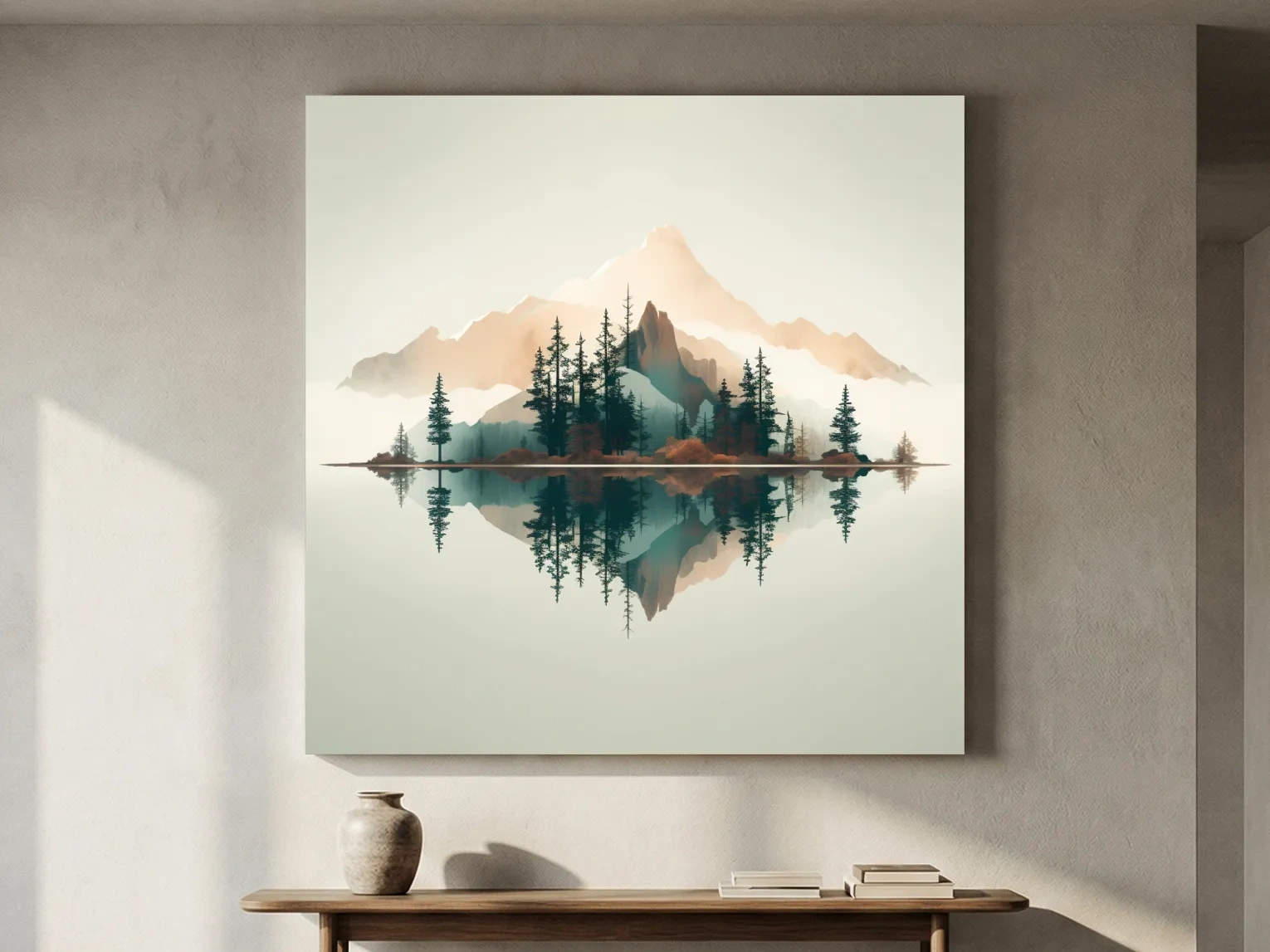 Minimalist Watercolor Mountain Lake Reflection - Serene Pine Forest Landscape Wall Art
