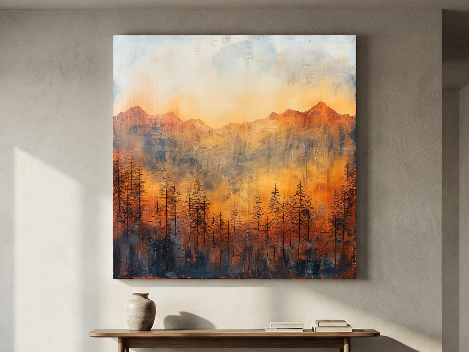 Moody Abstract Mountain Sunrise With Silhouetted Pine Forest - Textured Landscape Painting