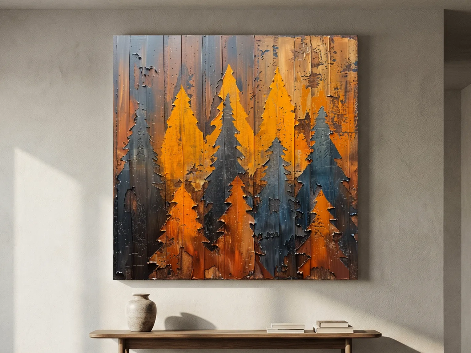 Autumn Pine Forest Silhouettes - Rustic Painted Wood Wall Art