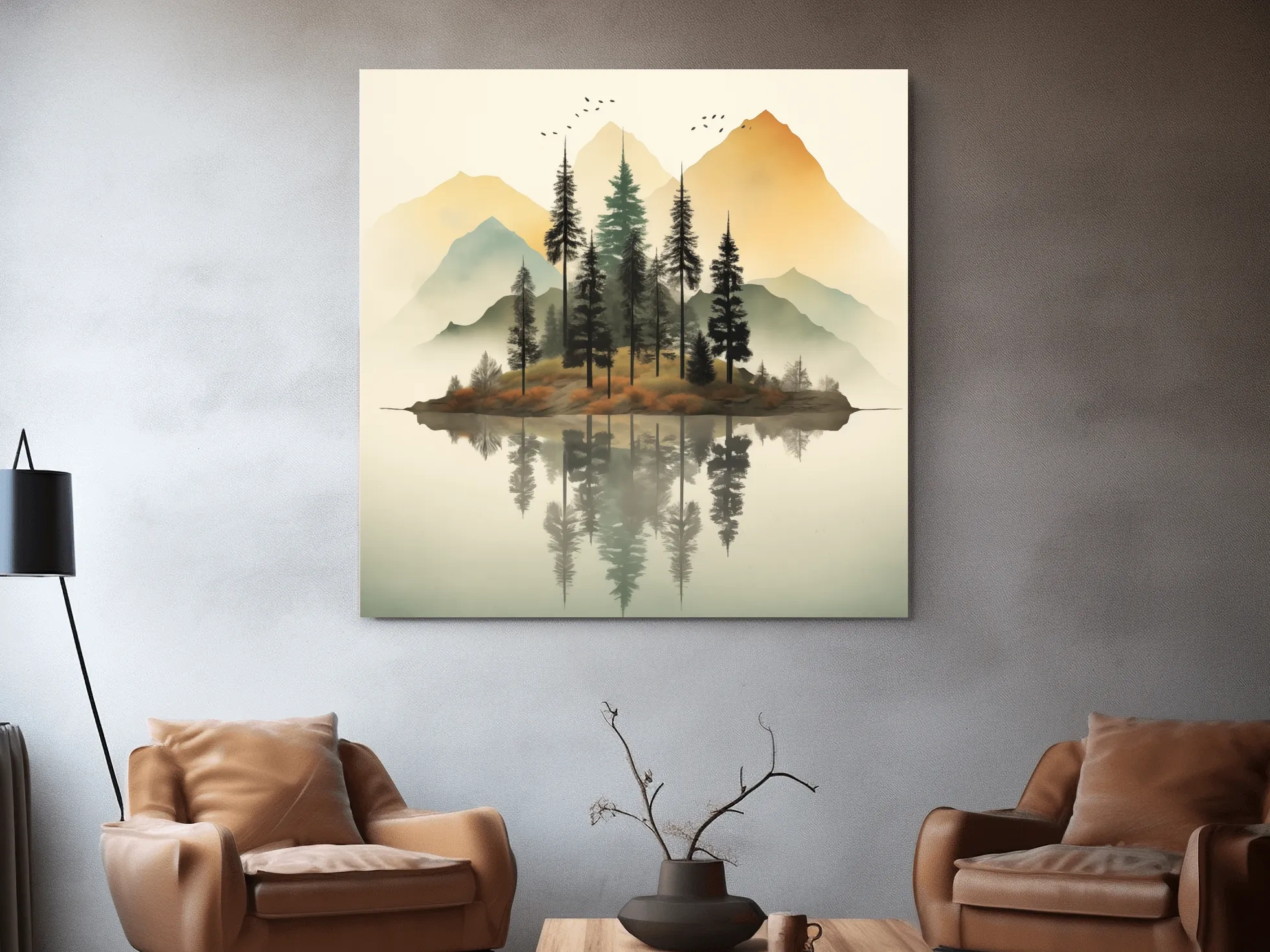 Misty Pine Forest Island Reflection - Minimalist Mountain Lake Wall Art