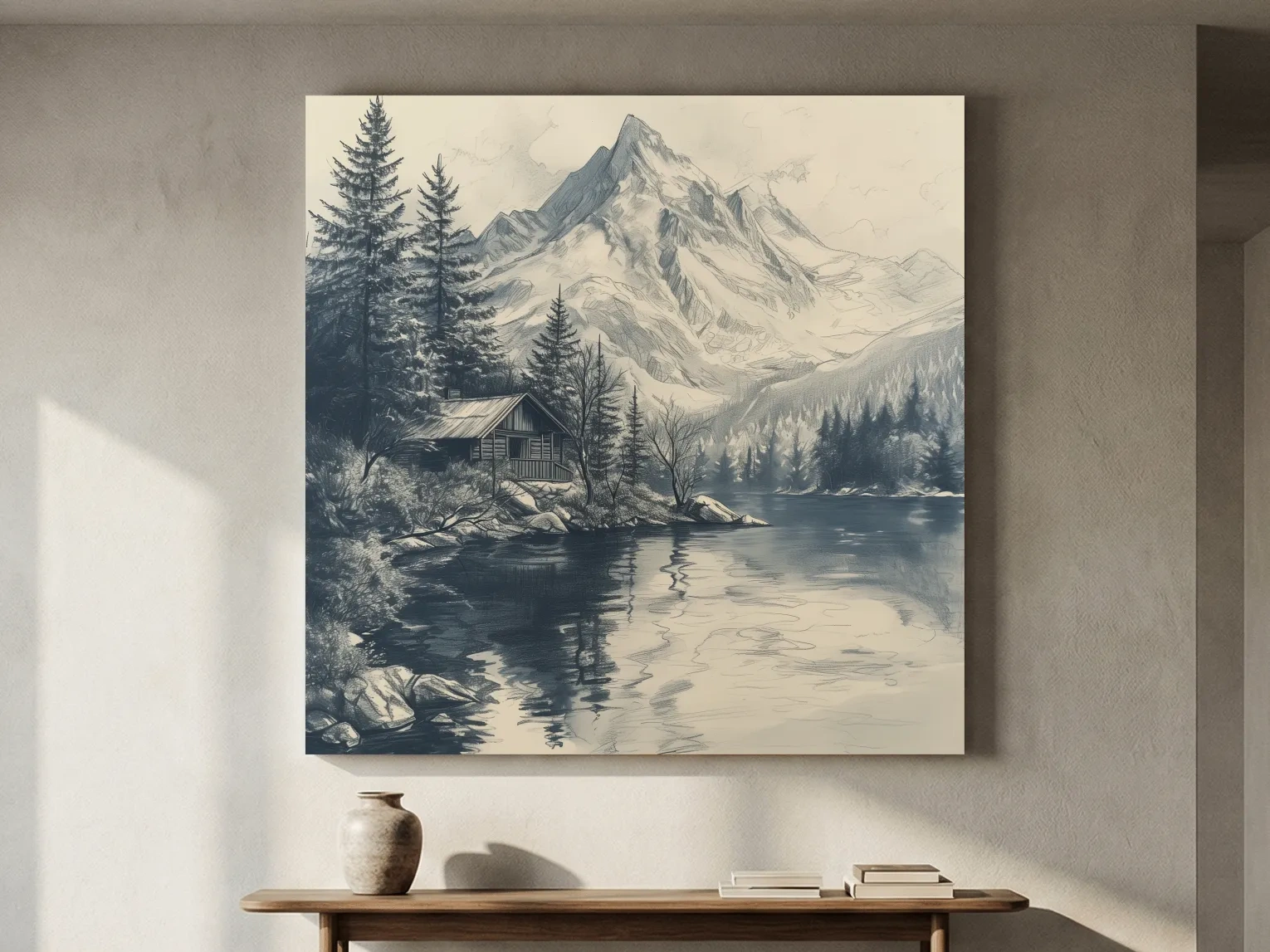 Vintage Alpine Cabin By Mountain Lake - Monochrome Pencil Sketch Landscape Wall Art