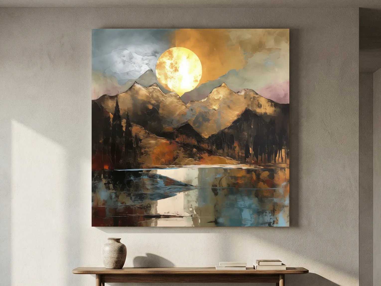 Alpine Mountain Lake Sunset Painting - Golf Leaf Style Wall Art