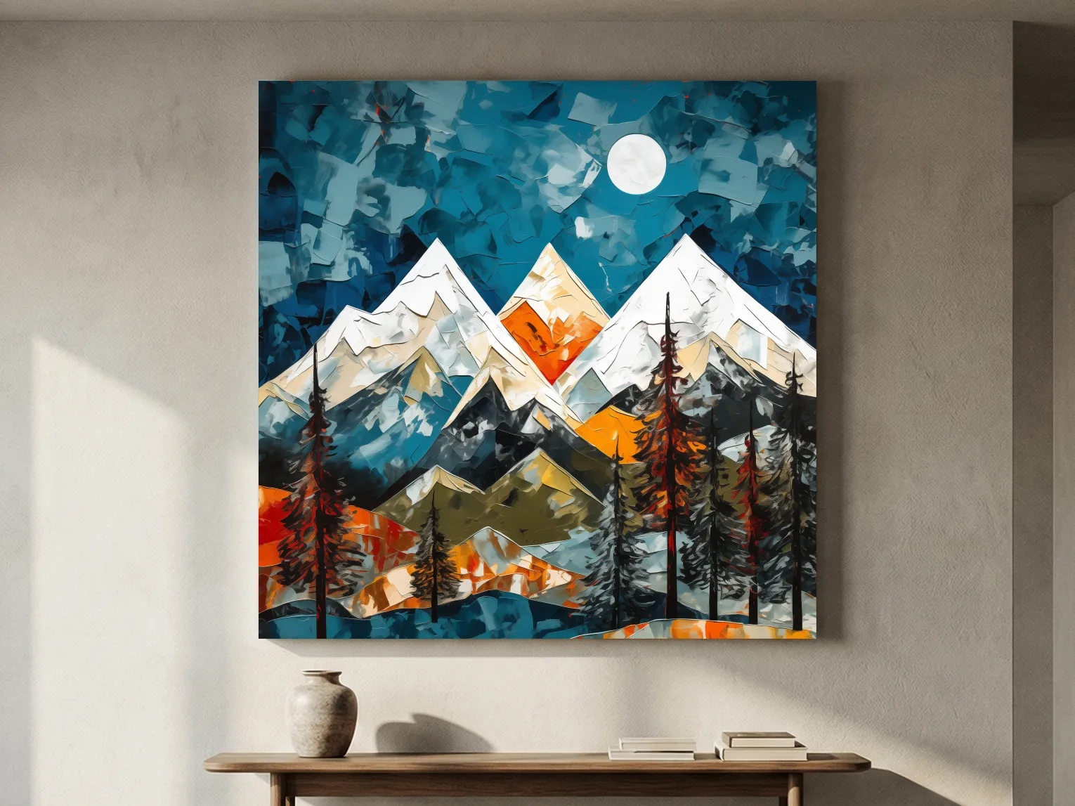 Abstract Impasto Style Mountain Nightscape - Moonlit Alpine Landscape Wall Art