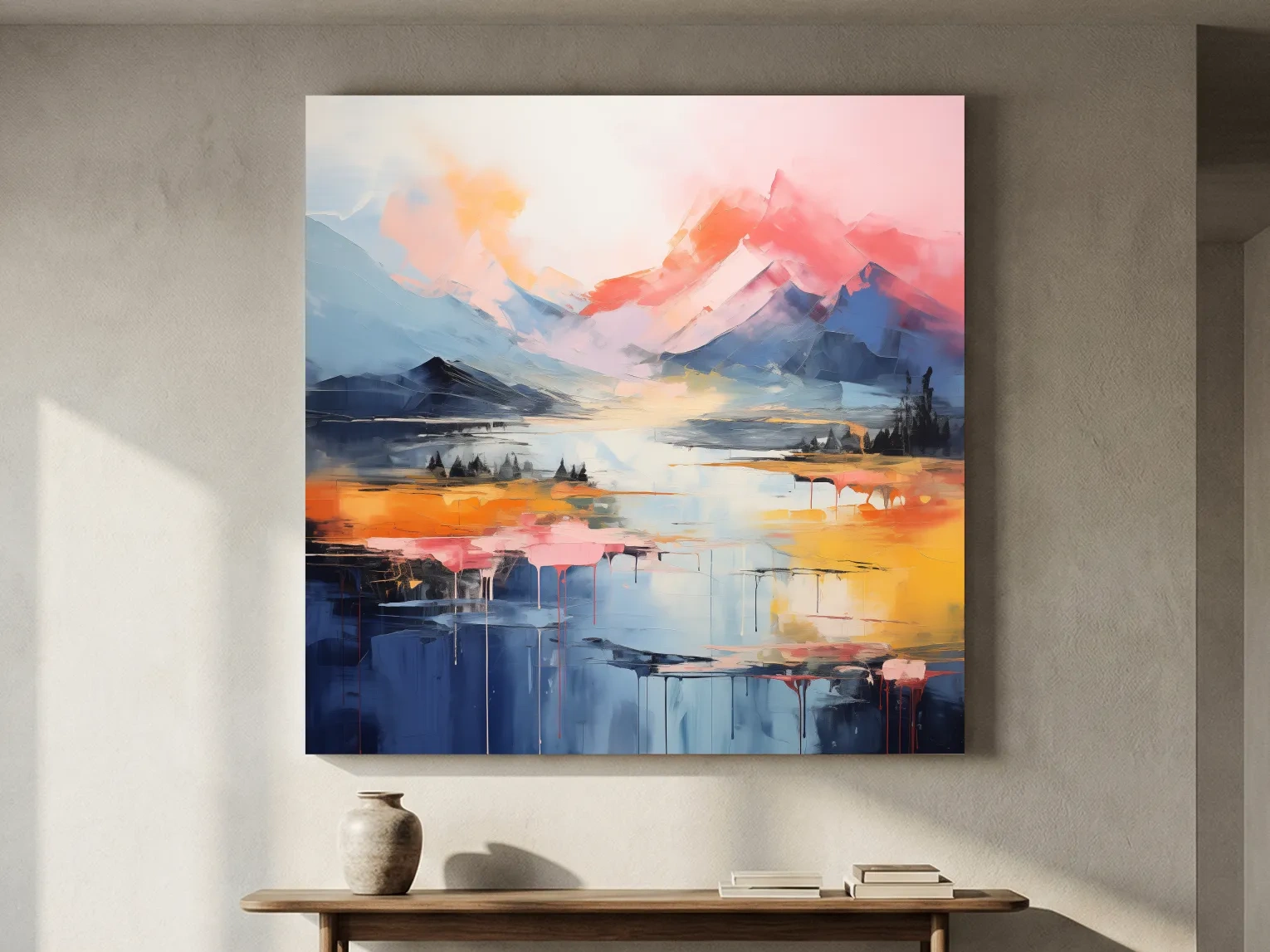 Vibrant Abstract Mountain Lake Sunset Painting - Colorful Modern Landscape Wall Art