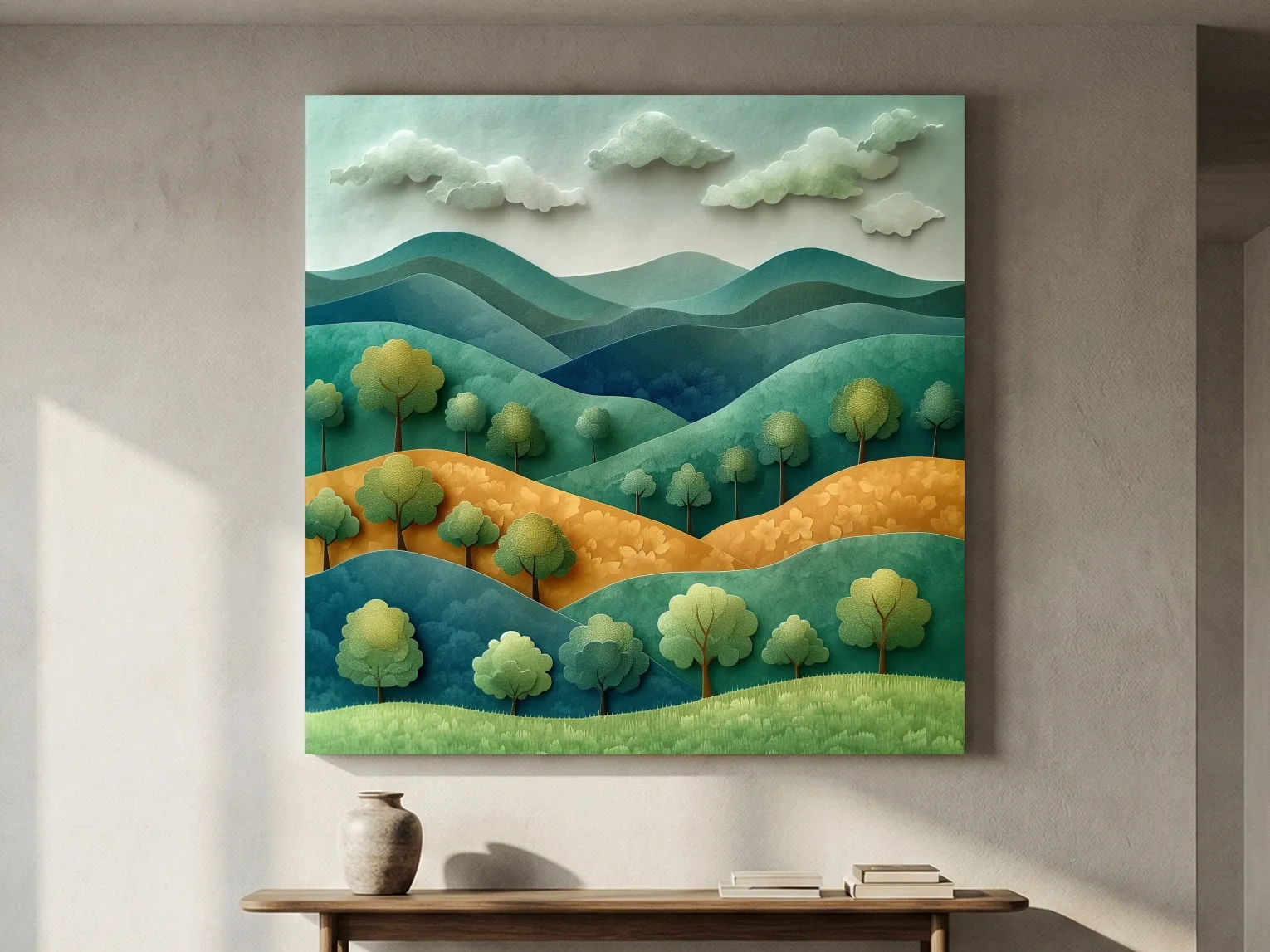 Whimsical Paper Cut Forest Hillscape - Layered 3D Mountains Landscape Wall Art