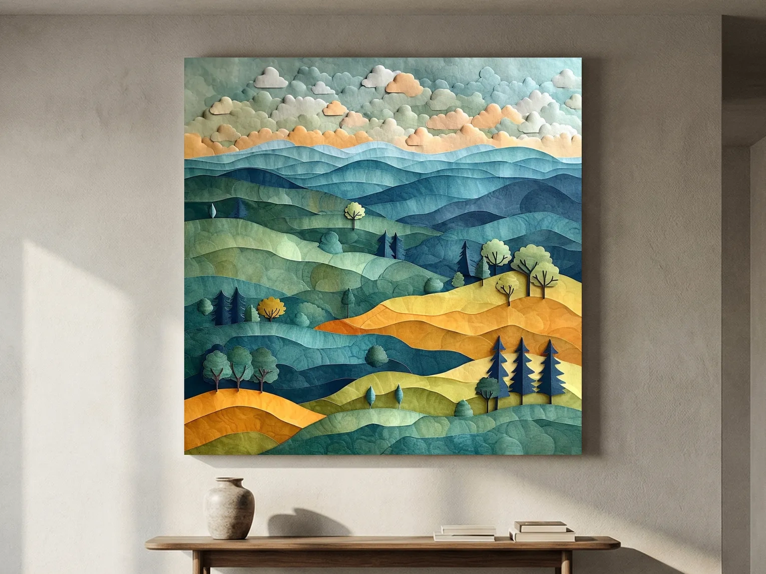 Layered Paper Cut Mountain Landscape - Mixed Media Forest Wall Art