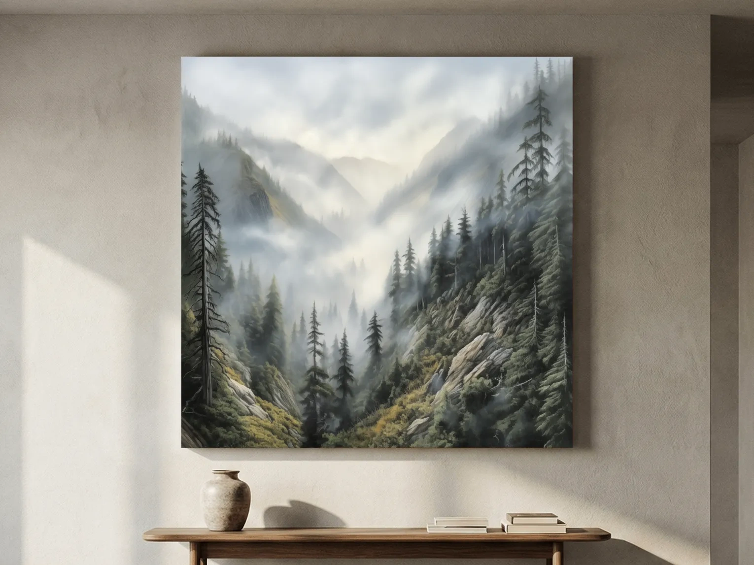 Misty Mountain Valley Pine Forest Painting - Foggy Alpine Landscape Wall Art