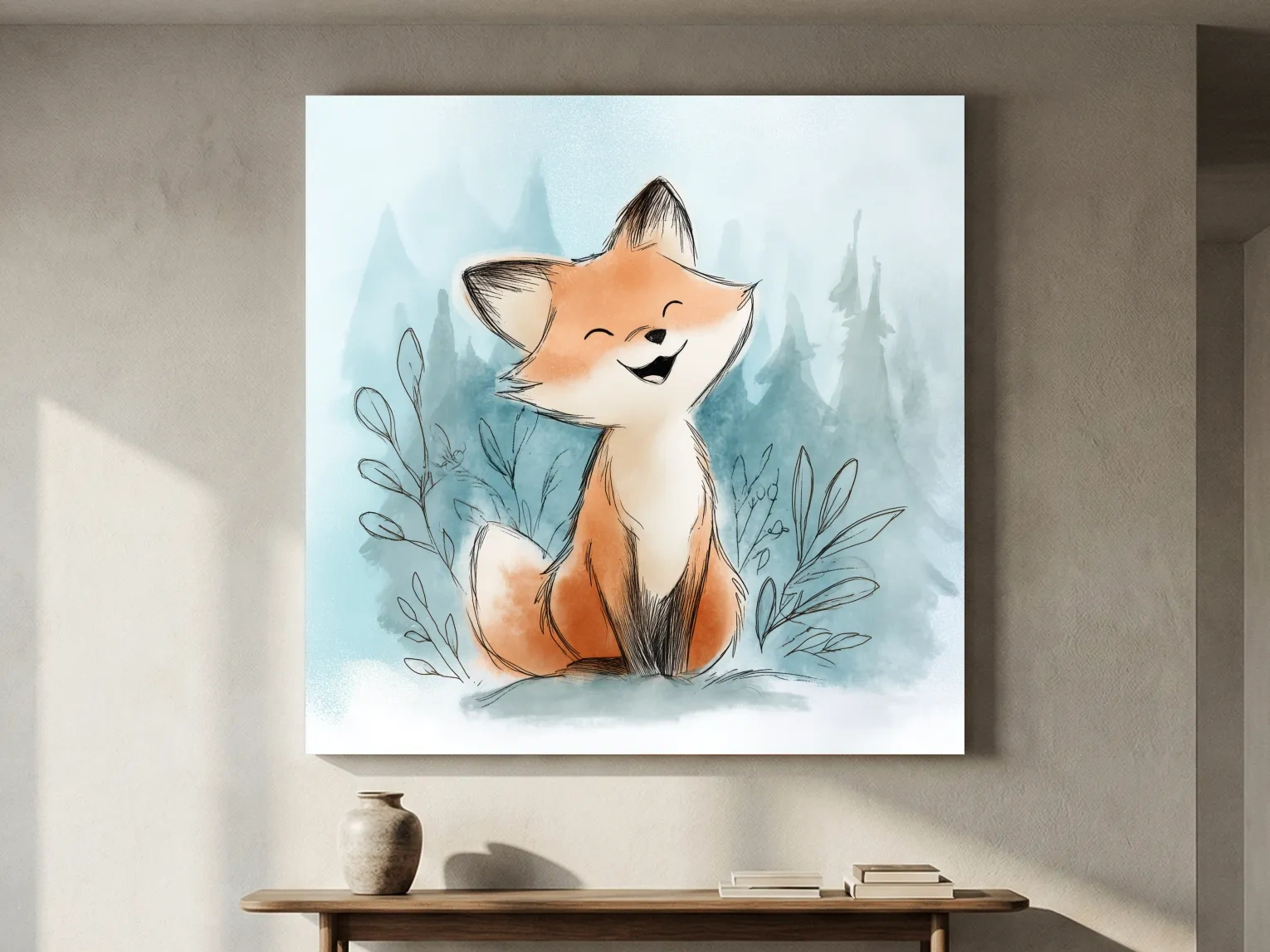 Whimsical Watercolor Fox Cub Illustration - Cute Woodland Nursery Wall Art