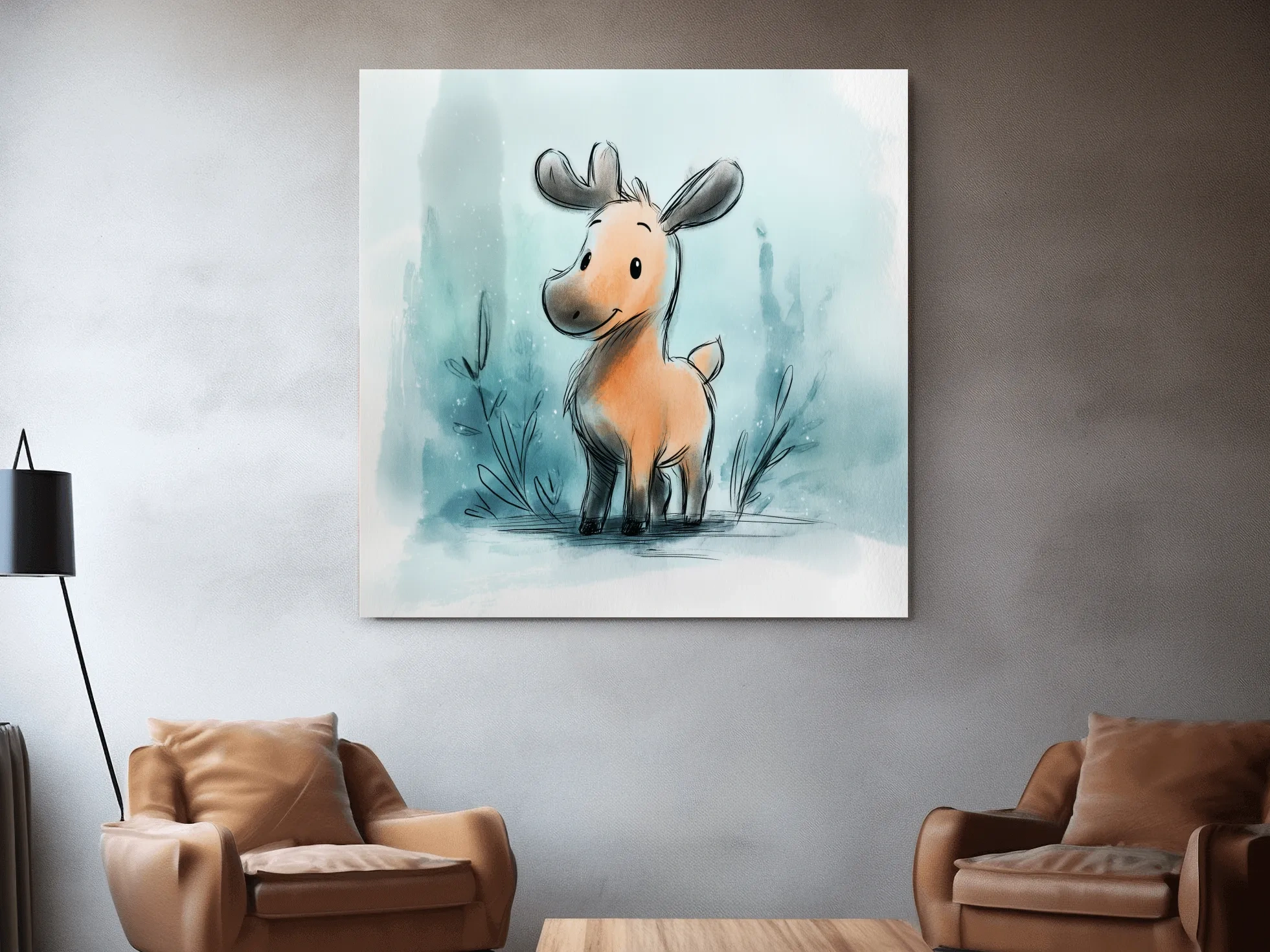 Cute Baby Moose Watercolor Illustration - Whimsical Nursery Wildlife Wall Art