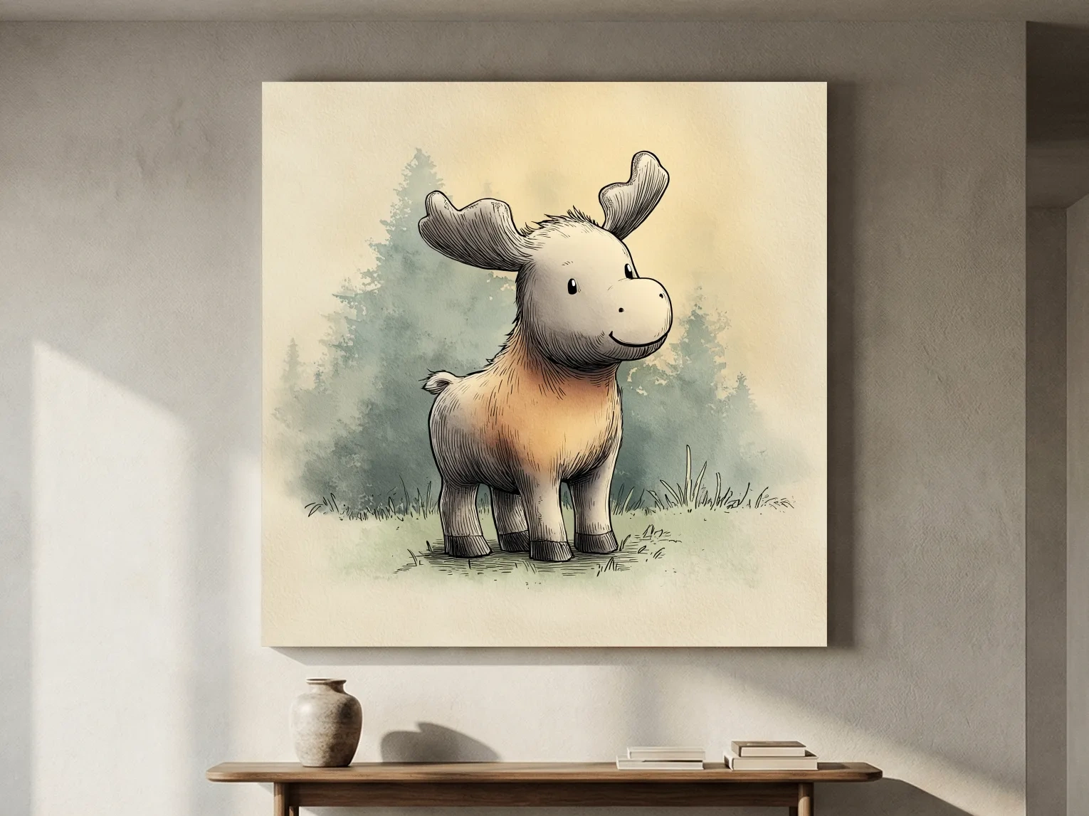 Cute Baby Moose Watercolor Illustration - Woodland Nursery Animal Wall Art